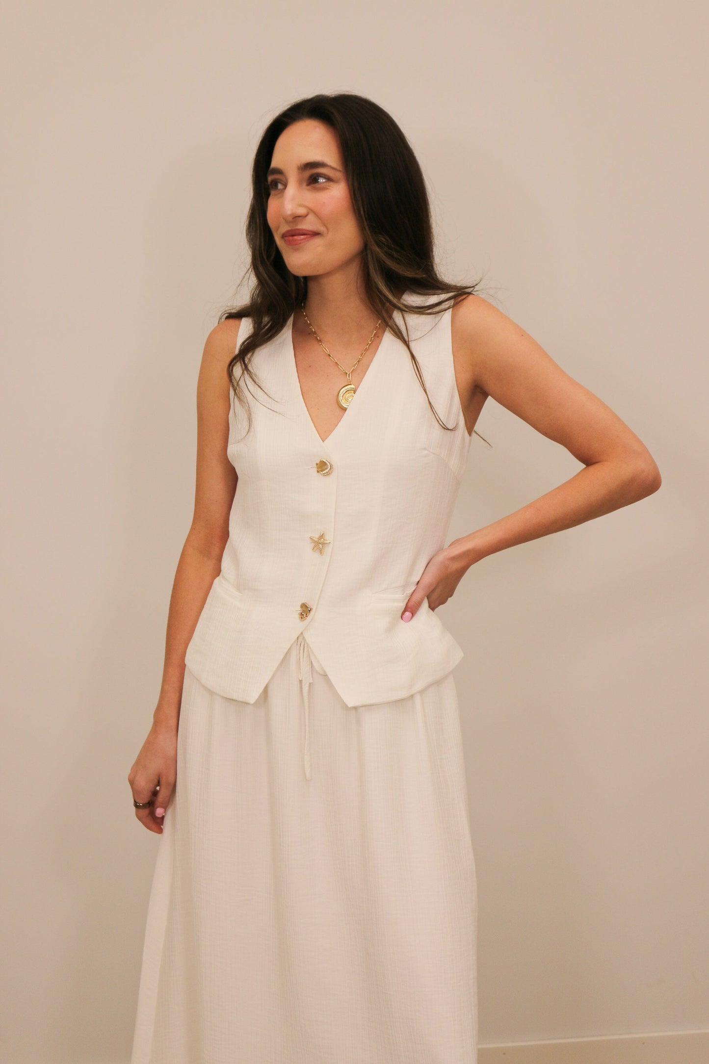 Ariel Gold Charm Button Front Textured Vest - White