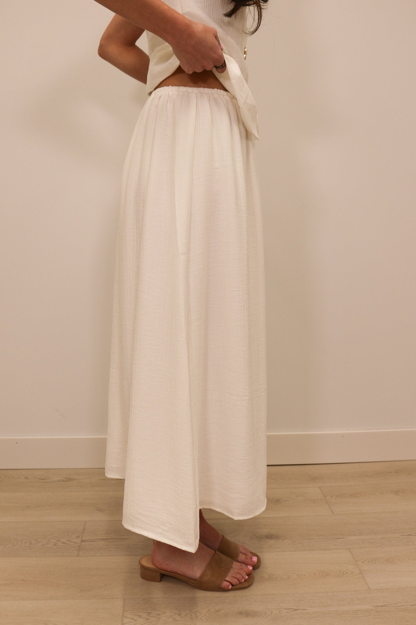 Ariel Drawstring Textured Midi Skirt - White