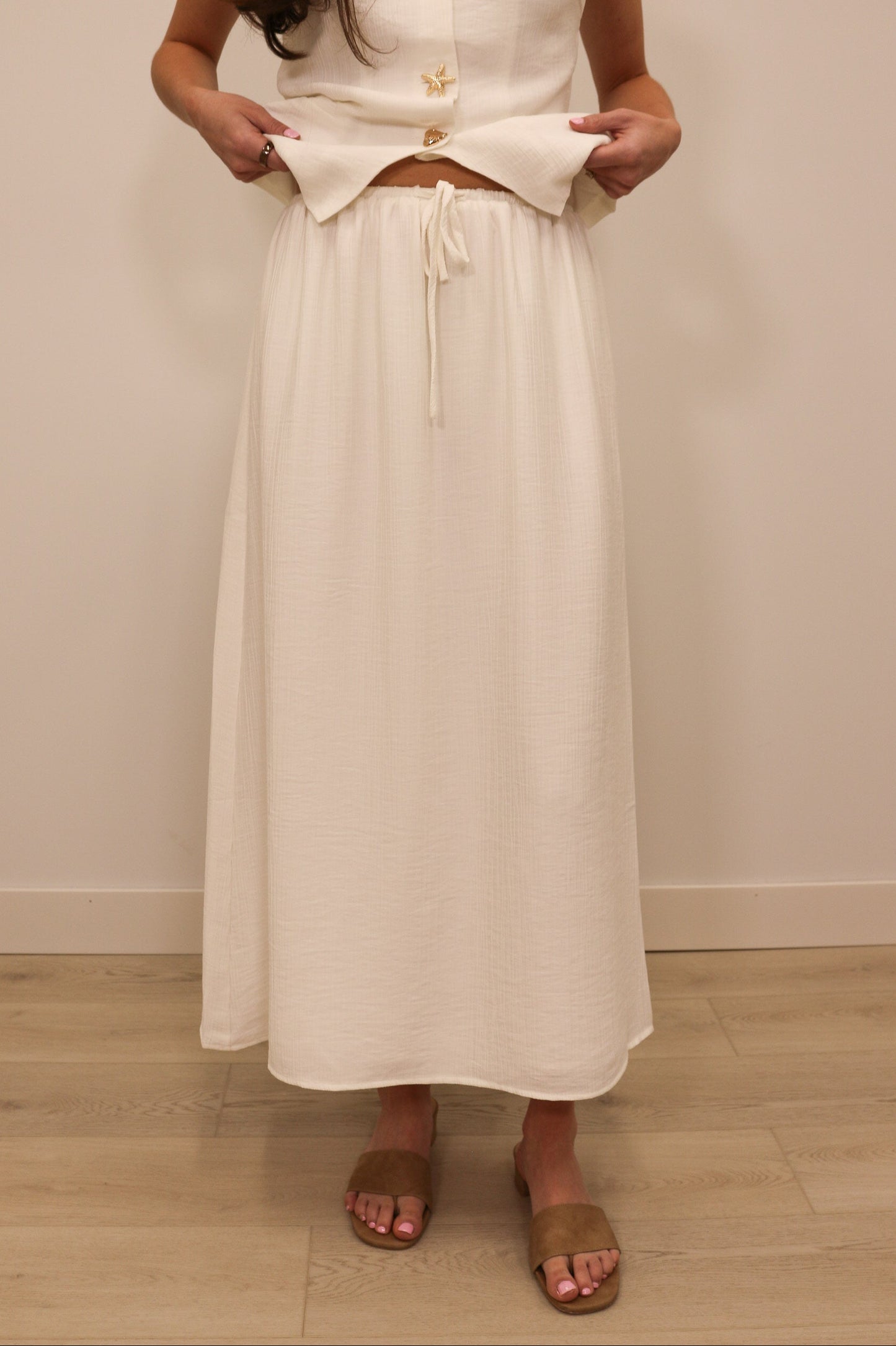Ariel Drawstring Textured Midi Skirt - White