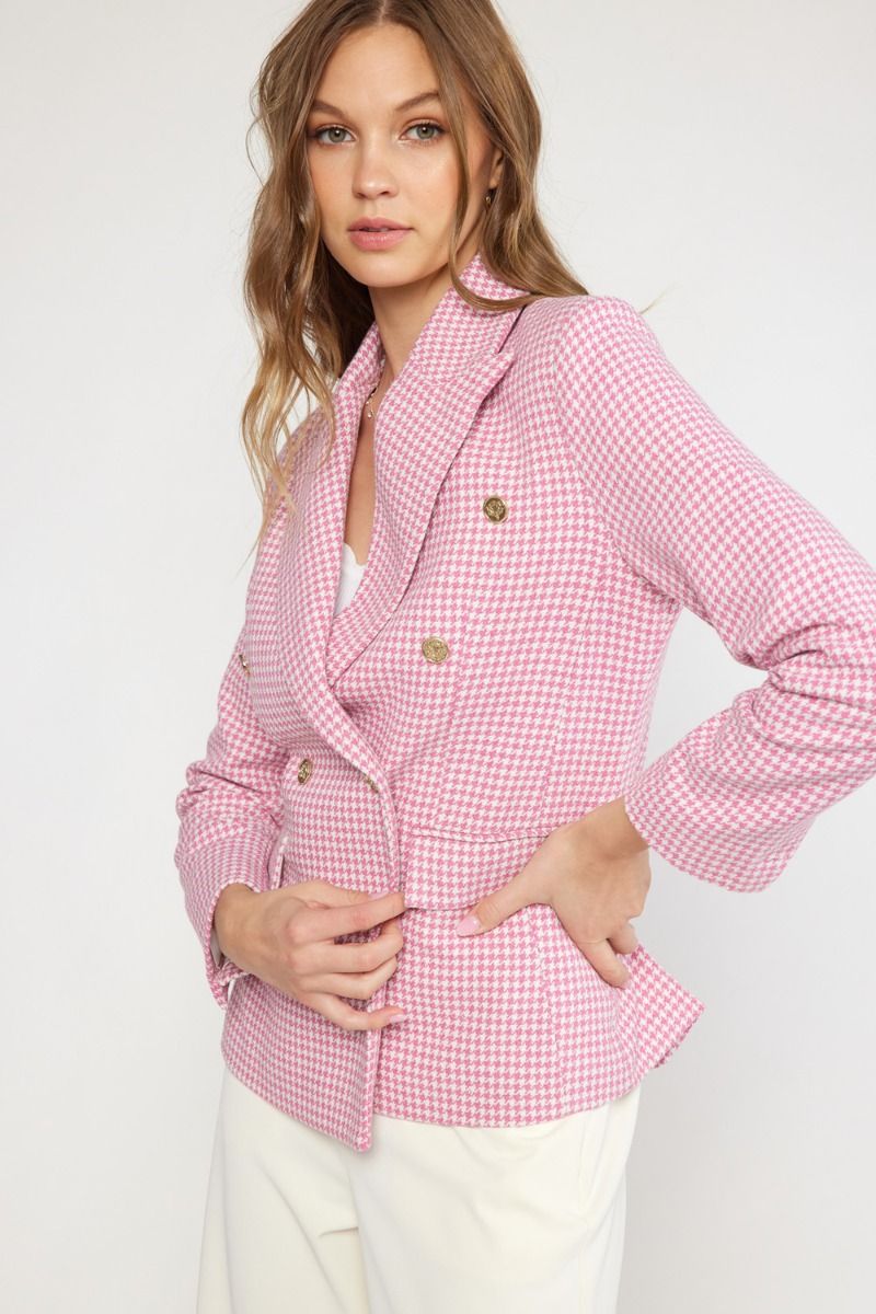 Alessandra Houndstooth Double-Breasted Blazer - Pink Gold Multi