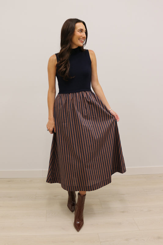 Alex Mixed Media Sleeveless Striped Skirt Midi Dress - Navy Brown