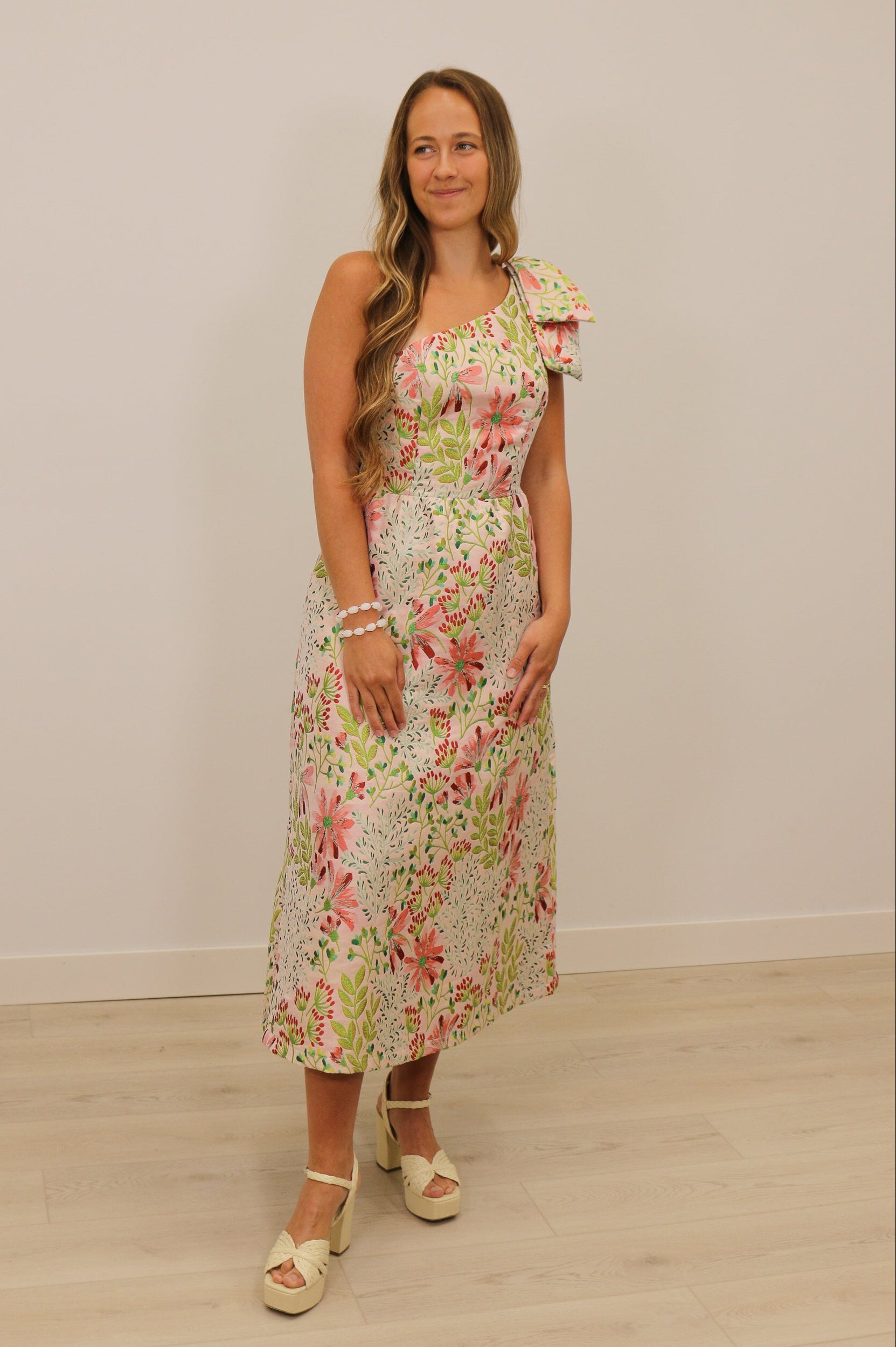 one shoulder bow midi dress Gold One Shoulder Bow Midi Dress With Pockets