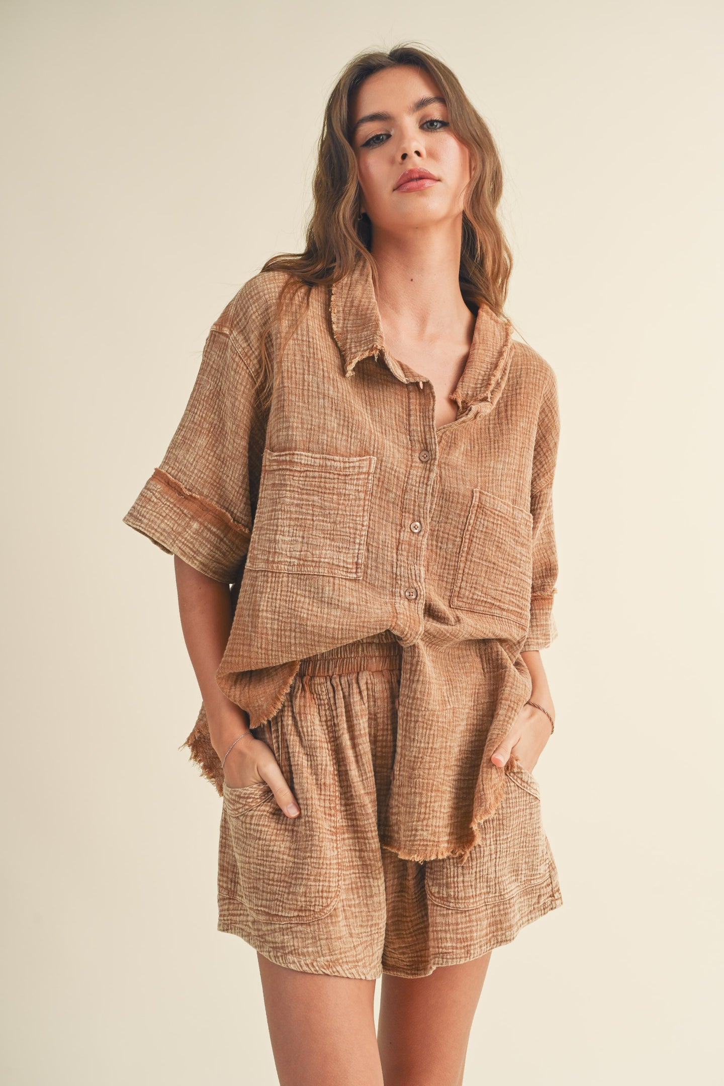 Anais Double Gauze Relaxed Button Up Short Sleeve Shirt - Toffee