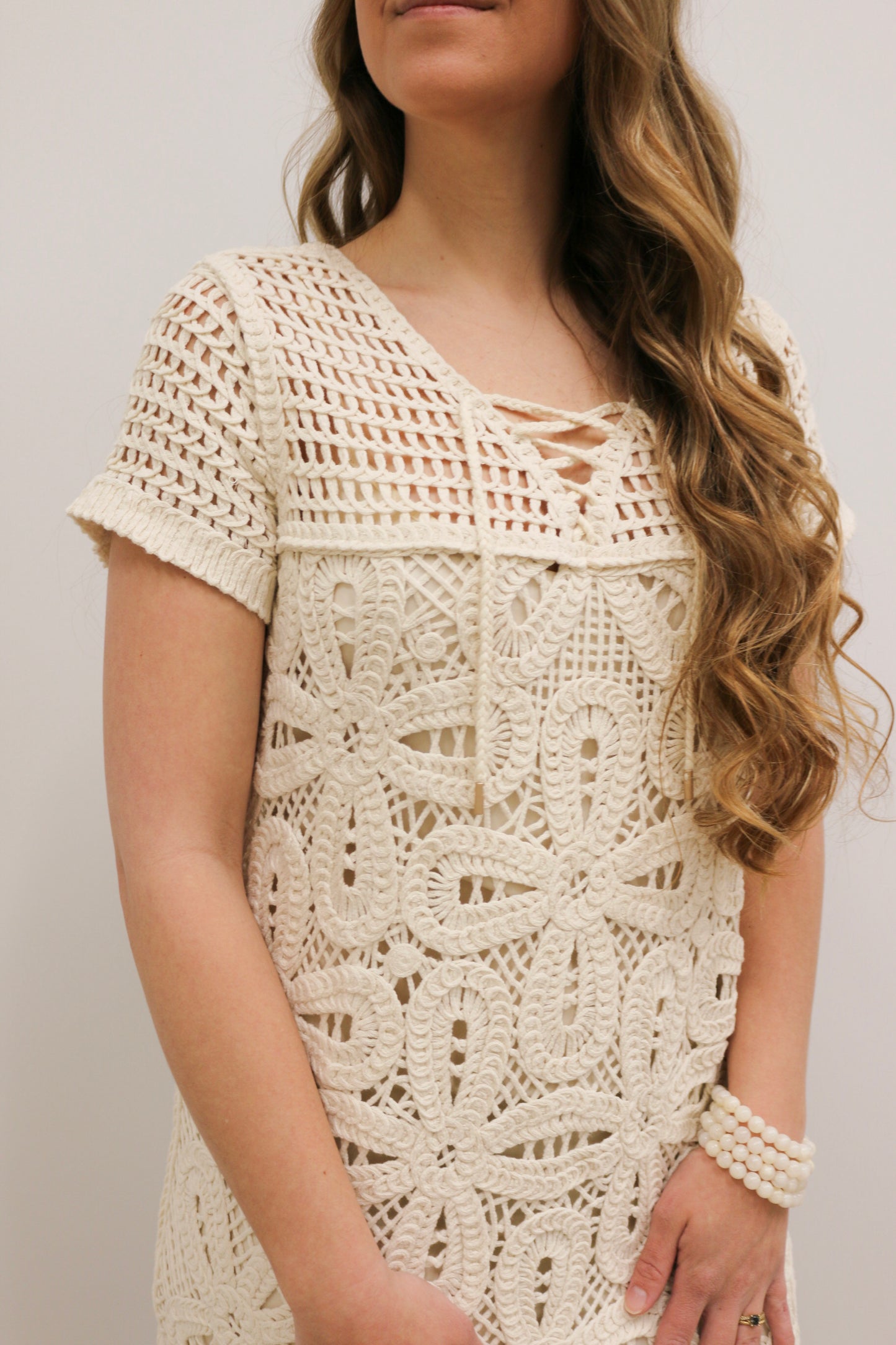 Andi Crochet Short Sleeve Mini Dress - Ivory