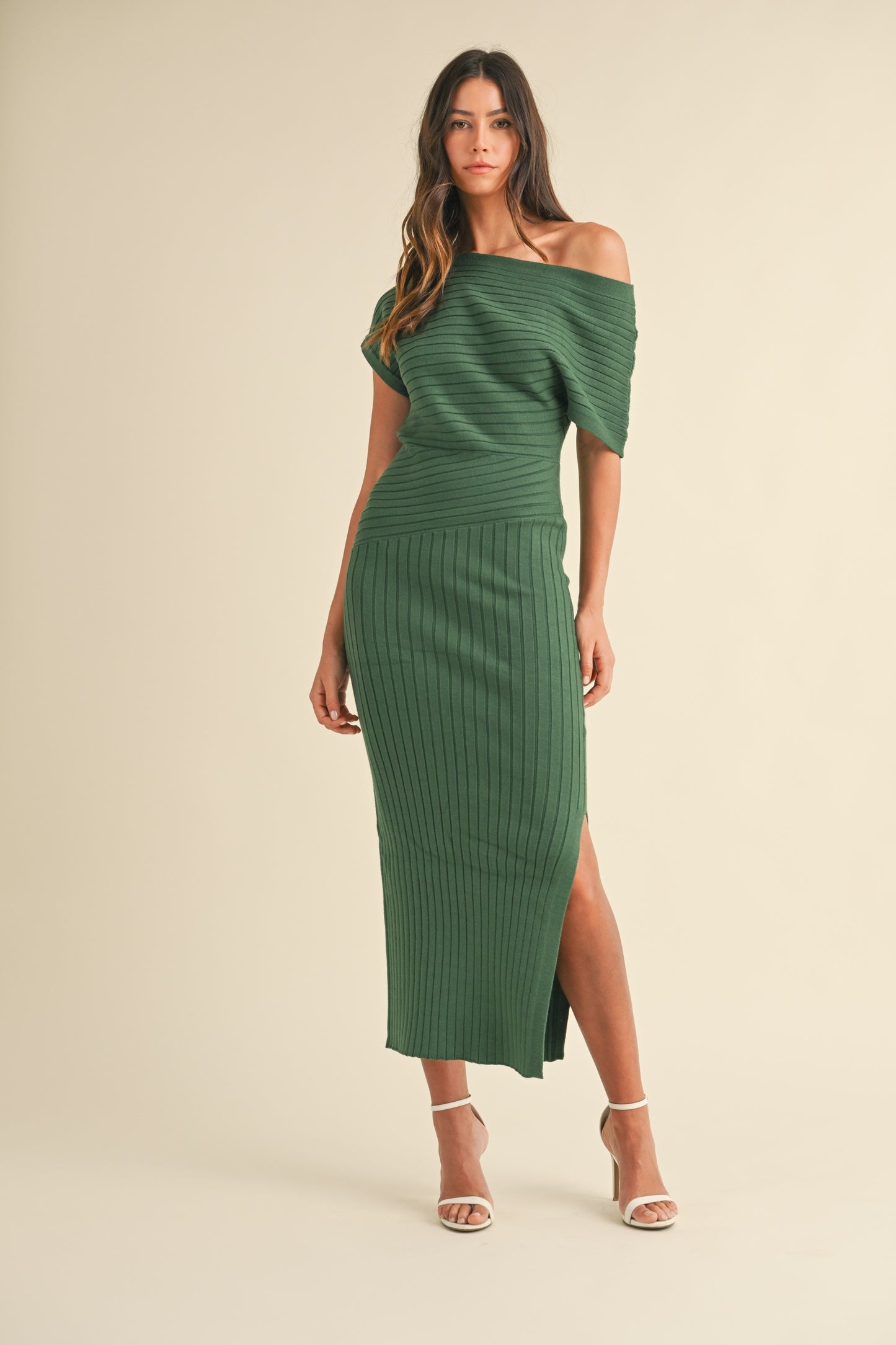 Andrea One Shoulder Ribbed Knit Side Slit Midi Dress - Emerald Green