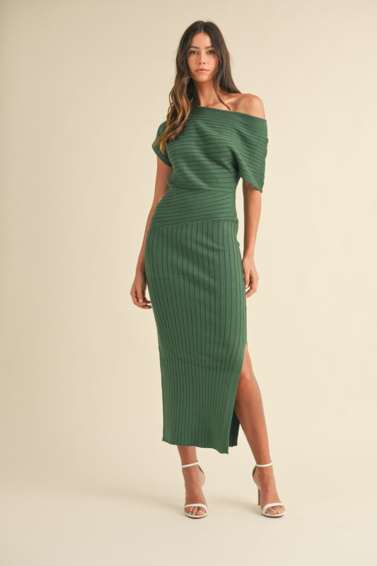 Andrea One Shoulder Ribbed Knit Side Slit Midi Dress - Emerald Green