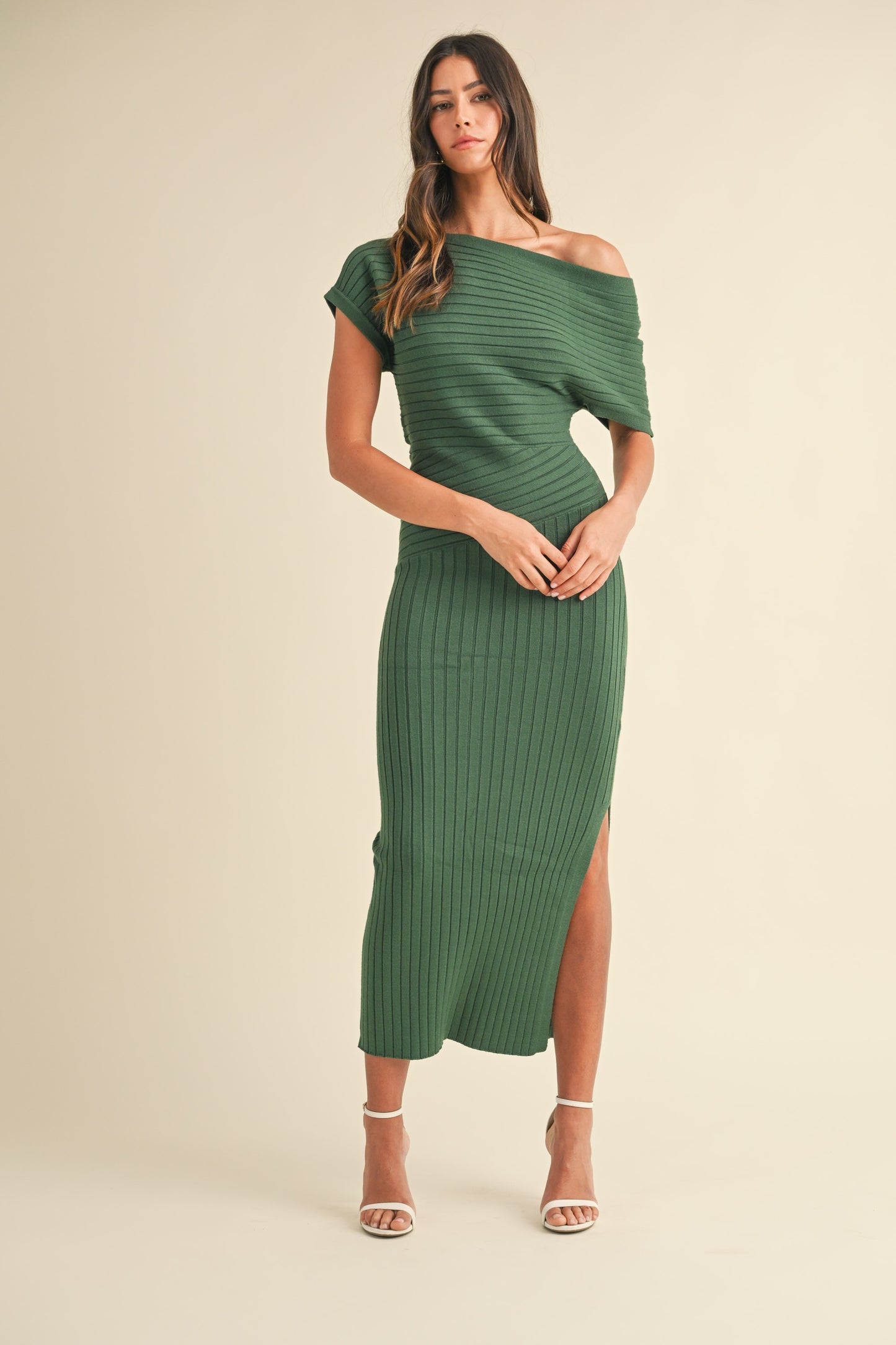 Andrea One Shoulder Ribbed Knit Side Slit Midi Dress - Emerald Green