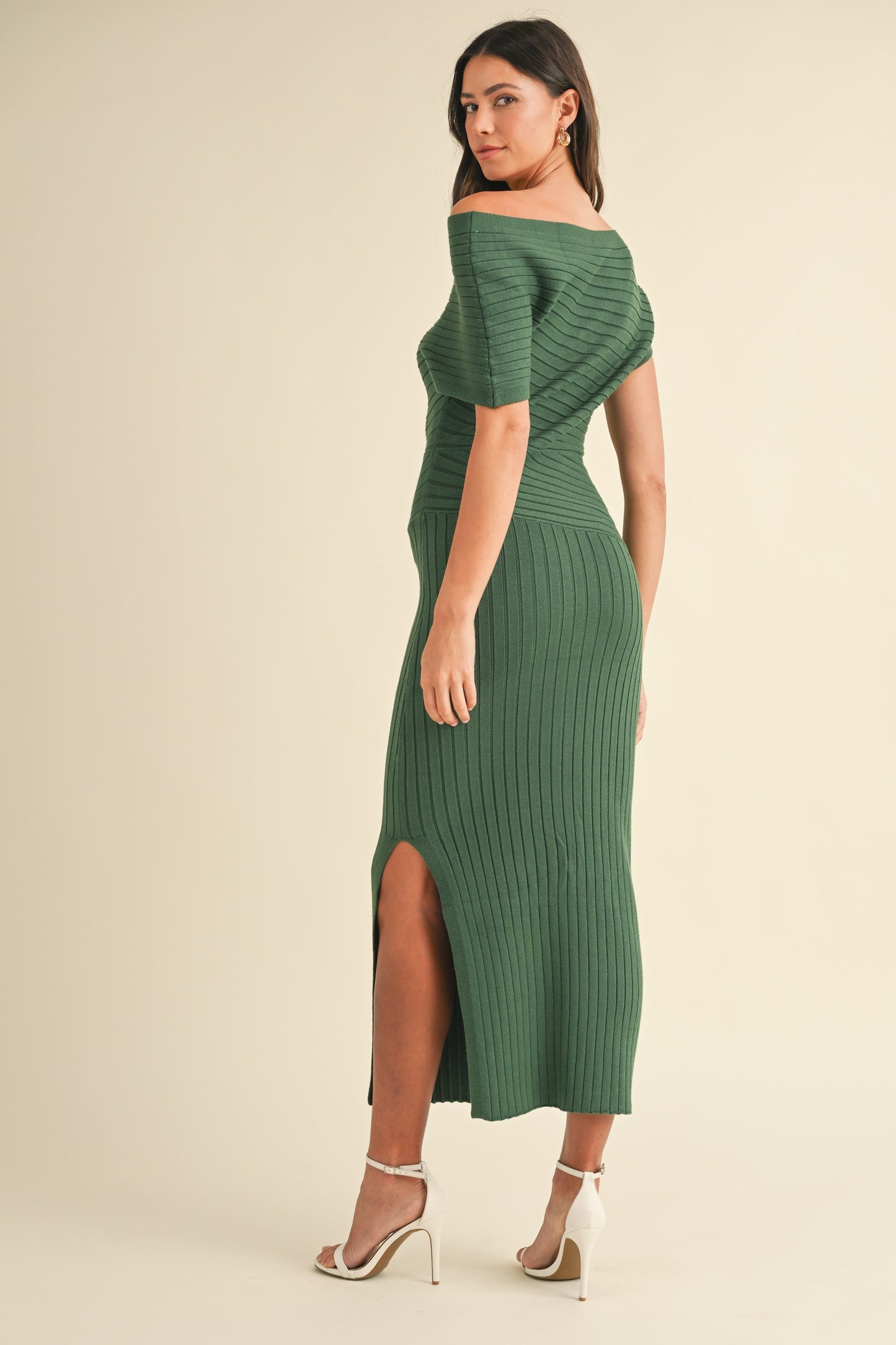 Andrea One Shoulder Ribbed Knit Side Slit Midi Dress - Emerald Green