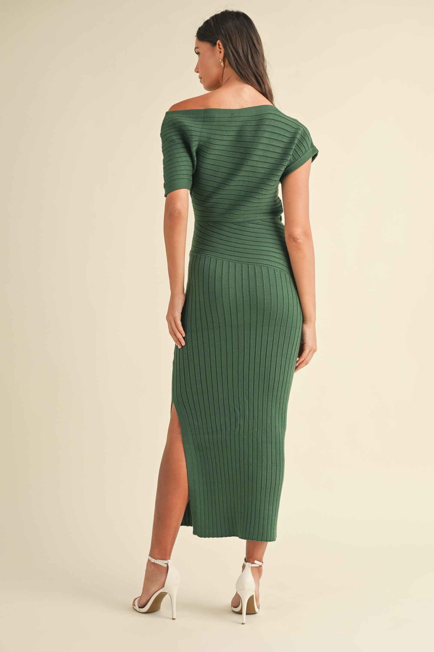 Andrea One Shoulder Ribbed Knit Side Slit Midi Dress - Emerald Green