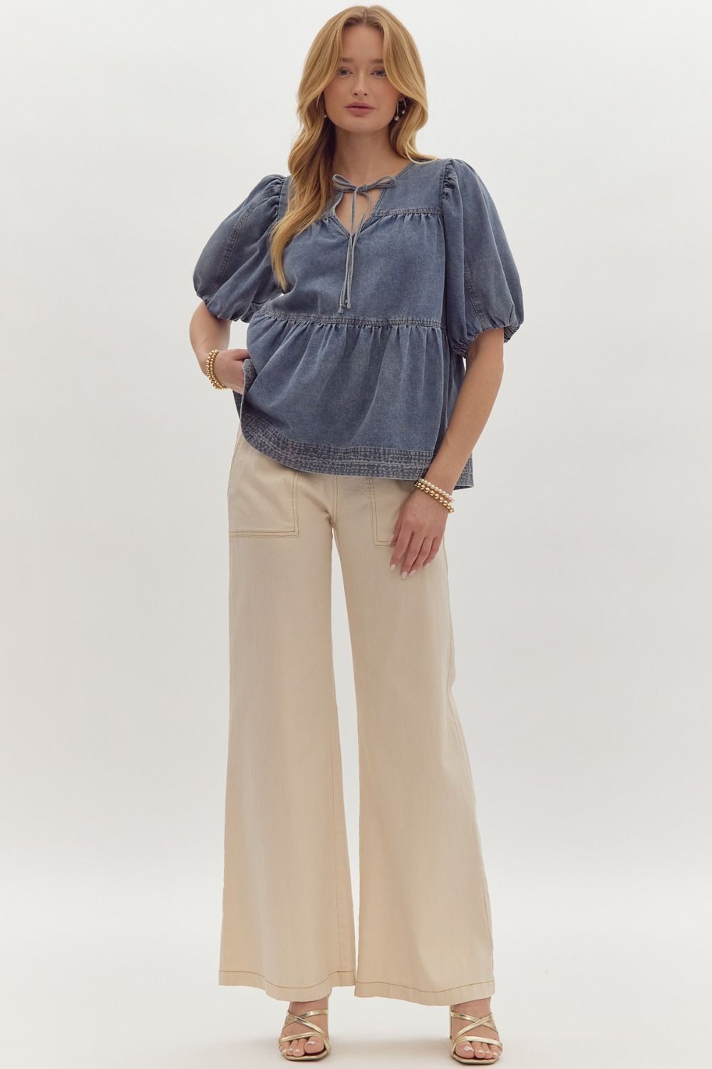 Anna Tie Front Denim V-Neck Bubble Sleeve Tiered Top - Denim