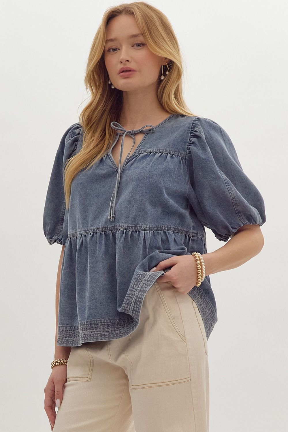 Anna Tie Front Denim V-Neck Bubble Sleeve Tiered Top - Denim