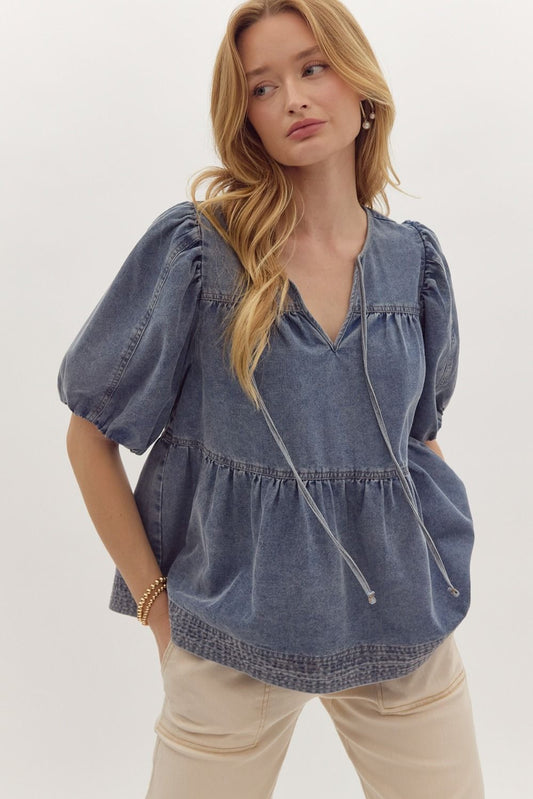 Anna Tie Front Denim V-Neck Bubble Sleeve Tiered Top - Denim