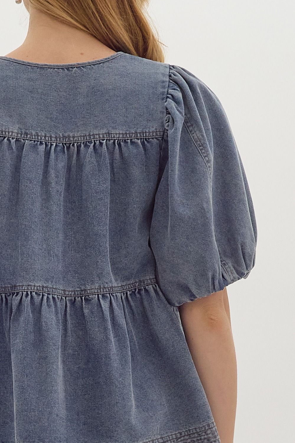 Anna Tie Front Denim V-Neck Bubble Sleeve Tiered Top - Denim
