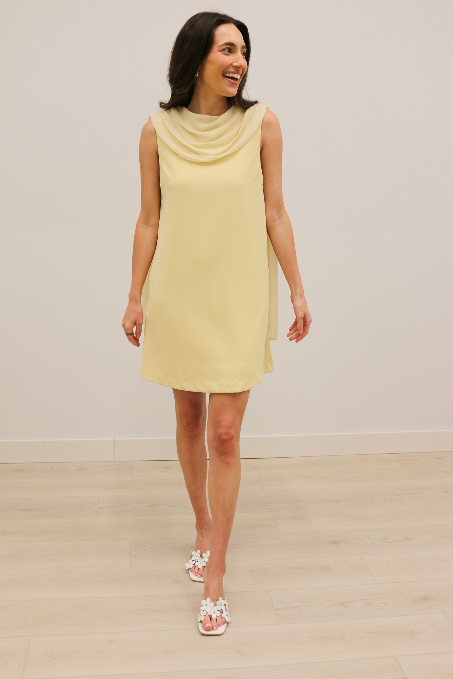 Antonia Draped Cowl Neckline Back Scarf Mini Dress - Butter Yellow