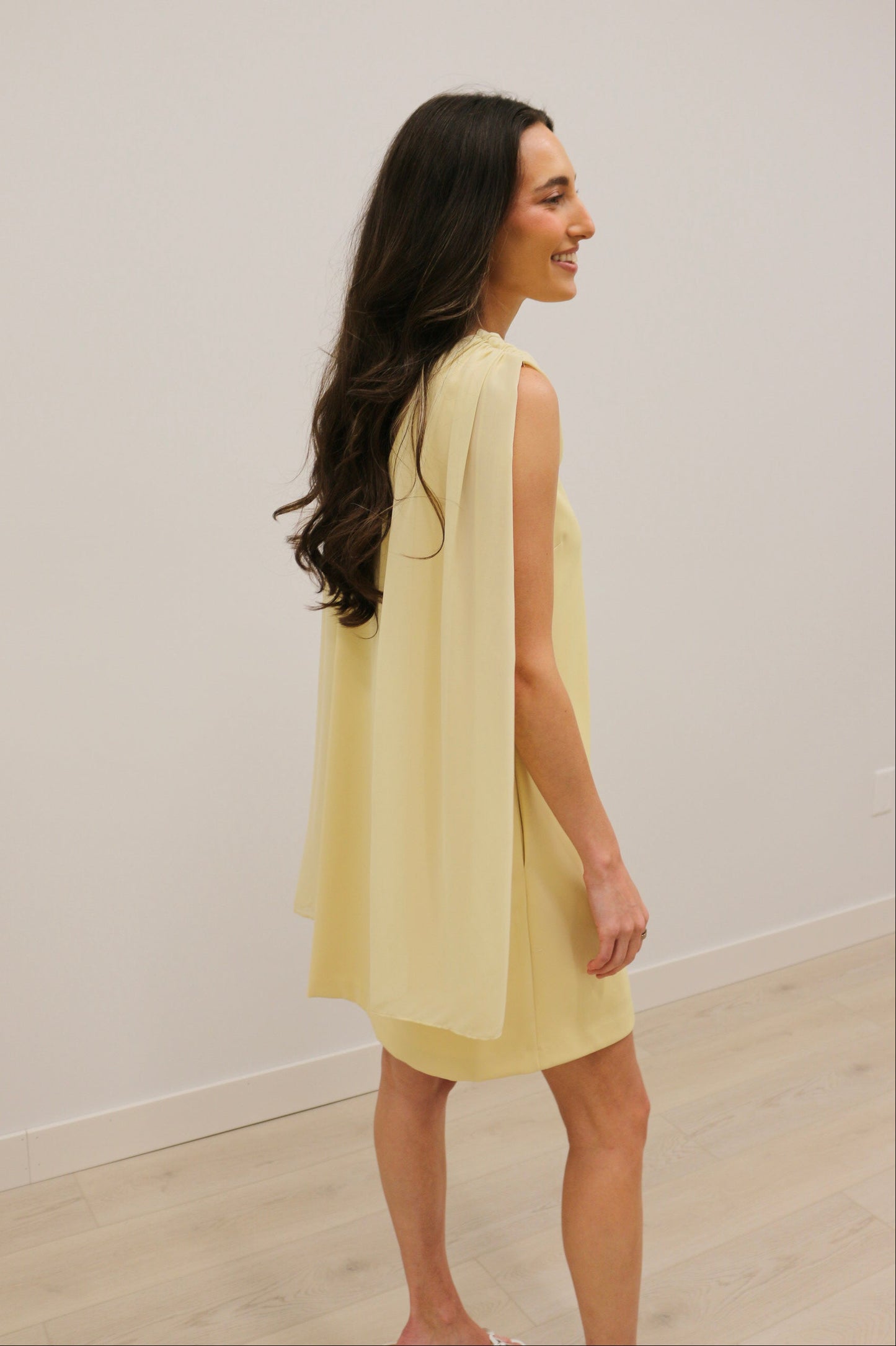 Antonia Draped Cowl Neckline Back Scarf Mini Dress - Butter Yellow