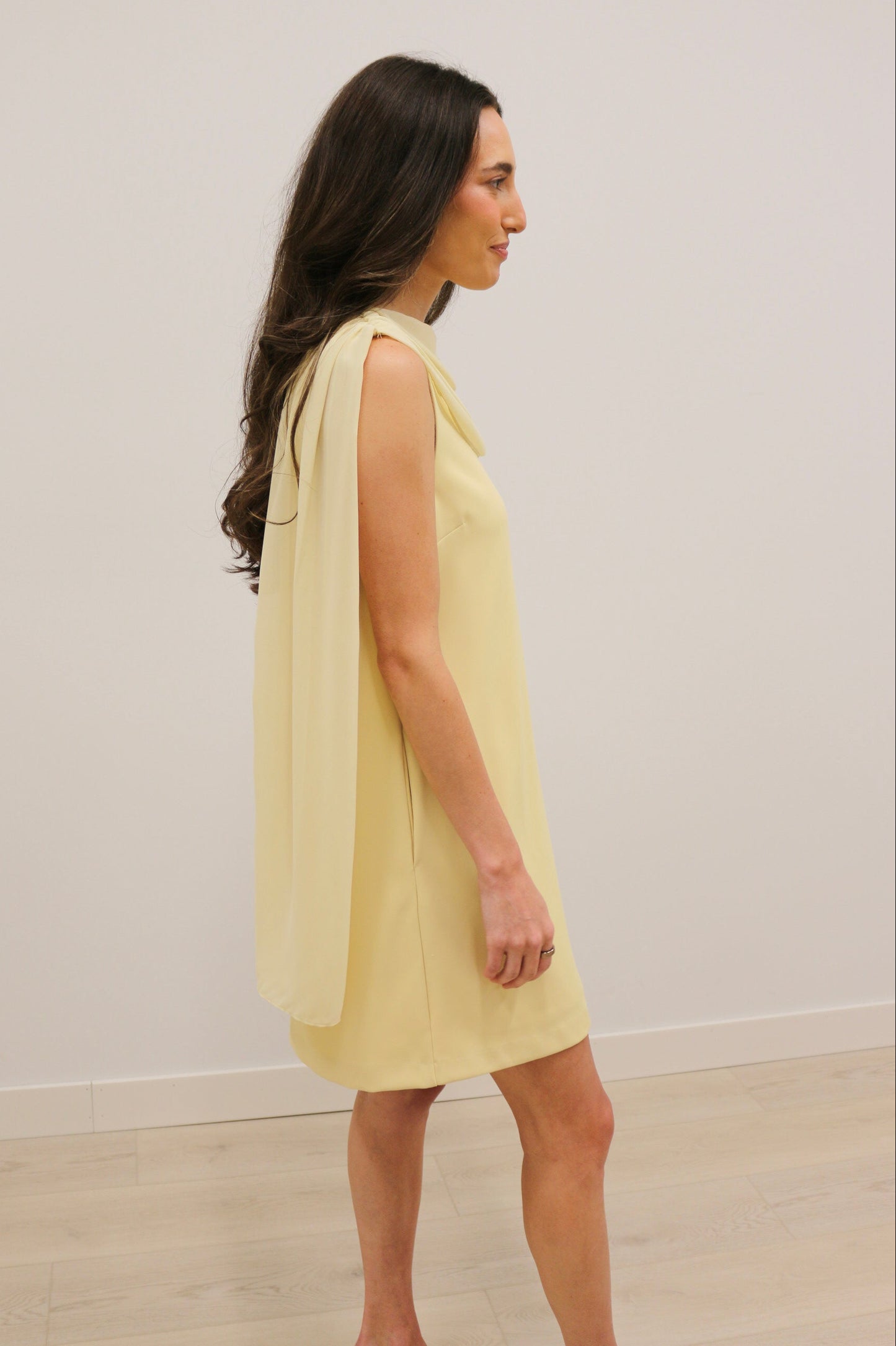 Antonia Draped Cowl Neckline Back Scarf Mini Dress - Butter Yellow