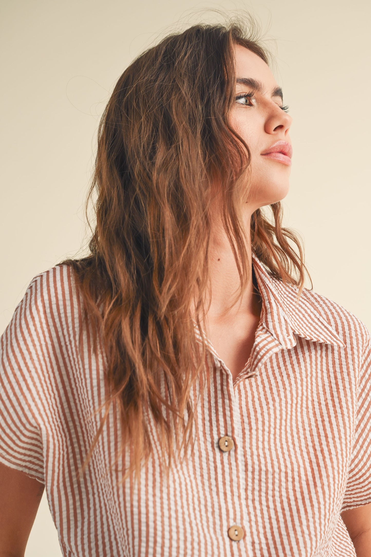 Arizona Button Up Tie Front Short Sleeve Cropped Shirt - Toffee