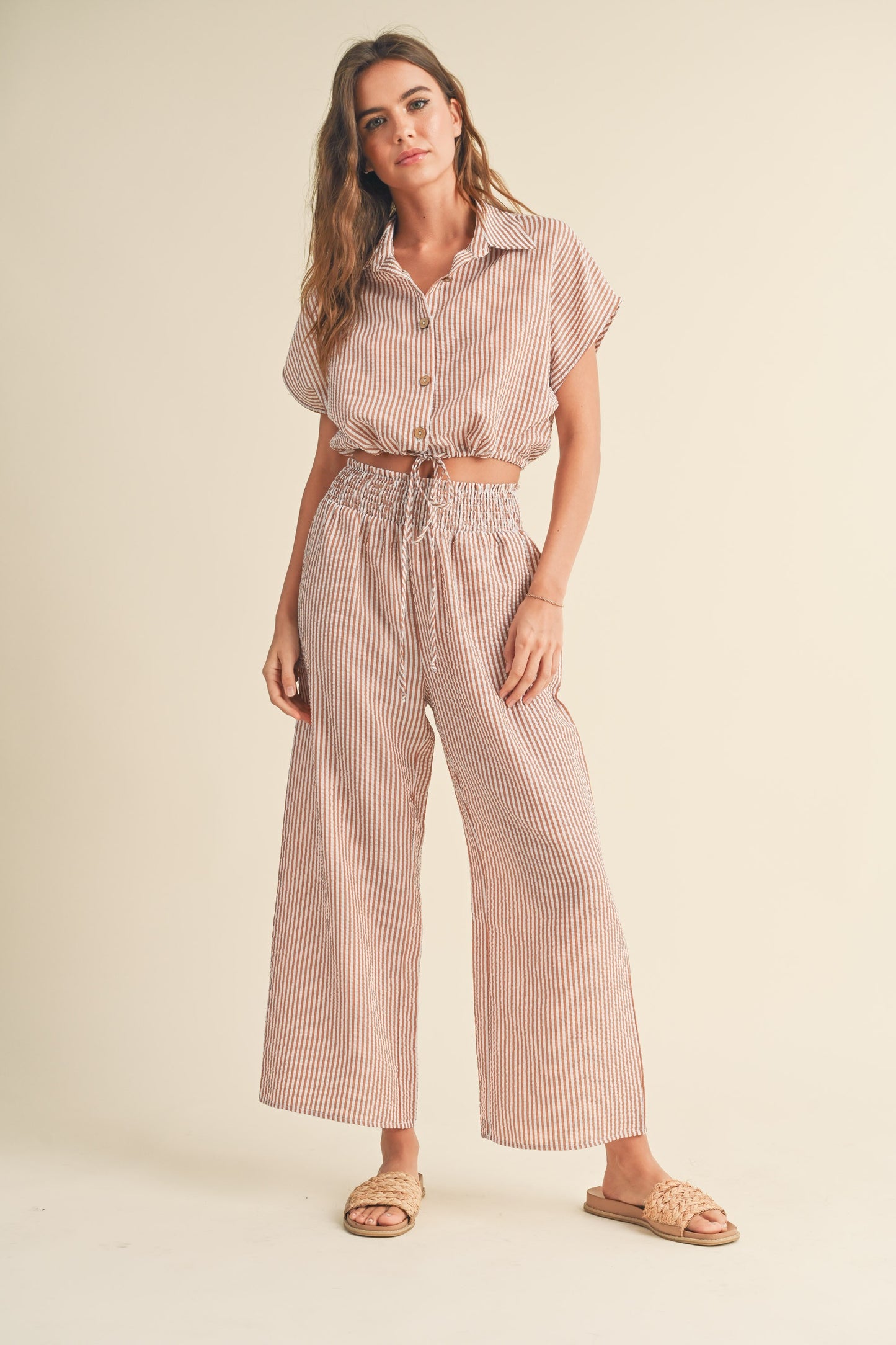 Arizona Button Up Tie Front Short Sleeve Cropped Shirt - Toffee