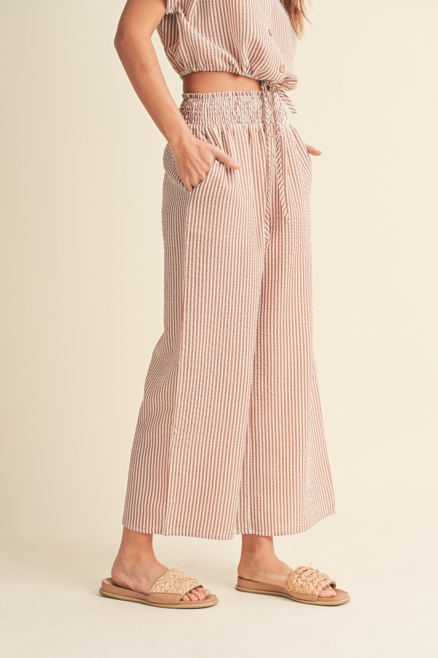 Arizona Smocked Waist Stripe Crinkle Fabric Pants - Toffee
