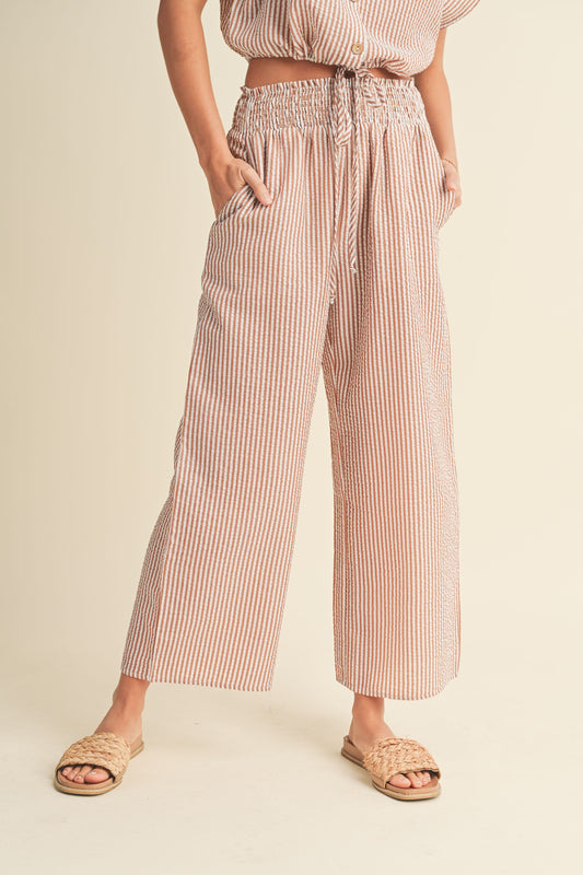 Arizona Smocked Waist Stripe Crinkle Fabric Pants - Toffee