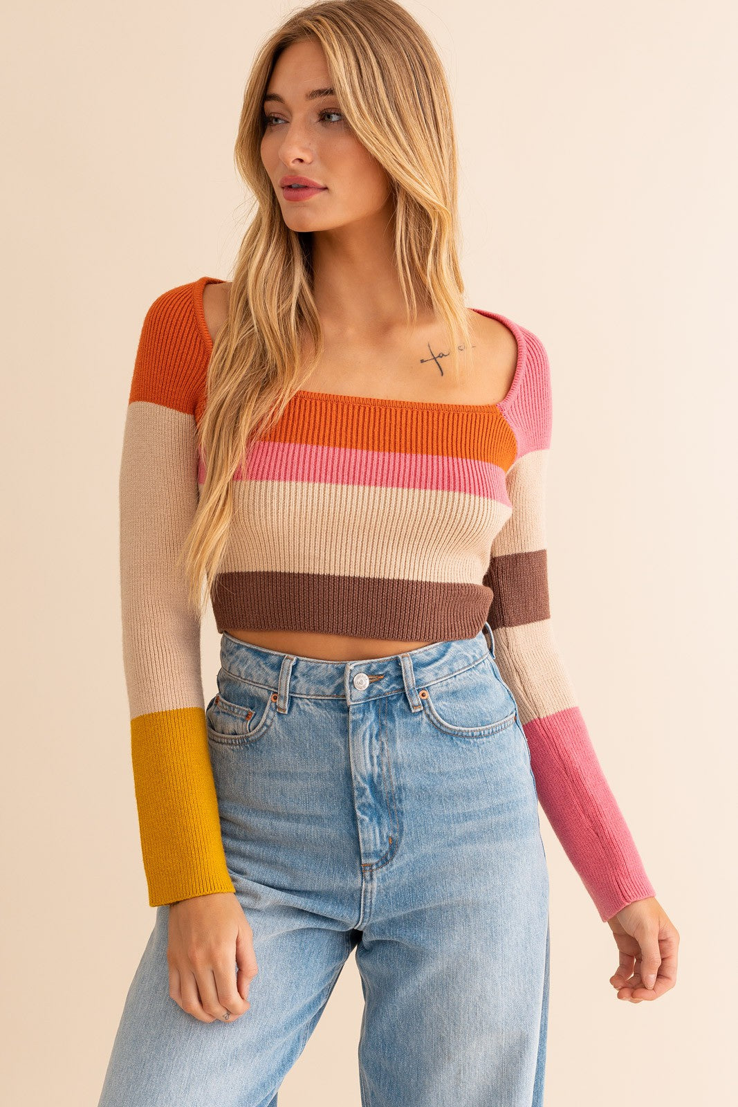 zSALE Arlo Long Sleeve Color Block Stripe Knit Crop Top - Rust Multi