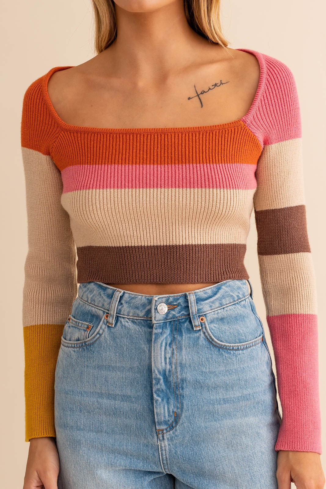 zSALE Arlo Long Sleeve Color Block Stripe Knit Crop Top - Rust Multi