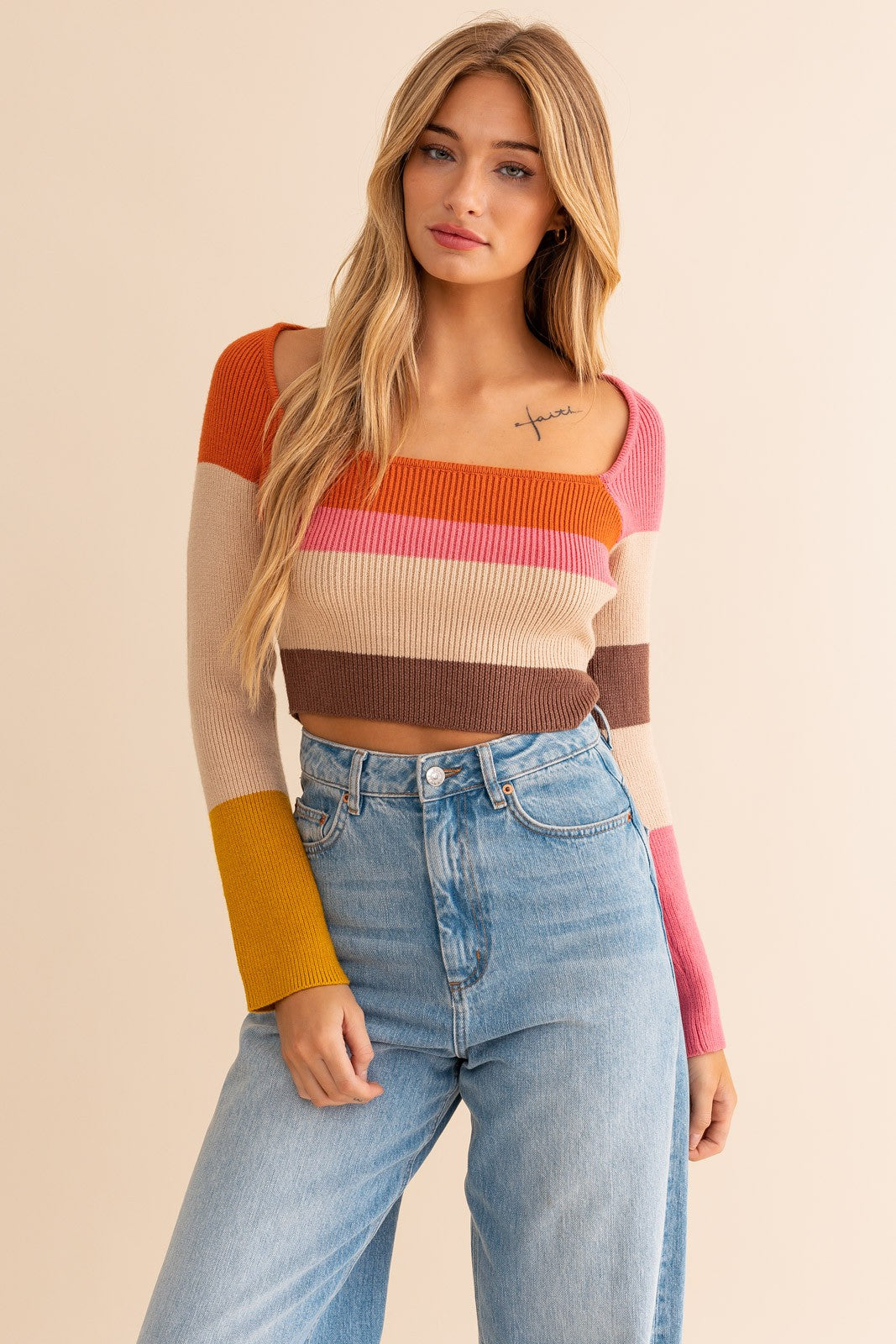 zSALE Arlo Long Sleeve Color Block Stripe Knit Crop Top - Rust Multi