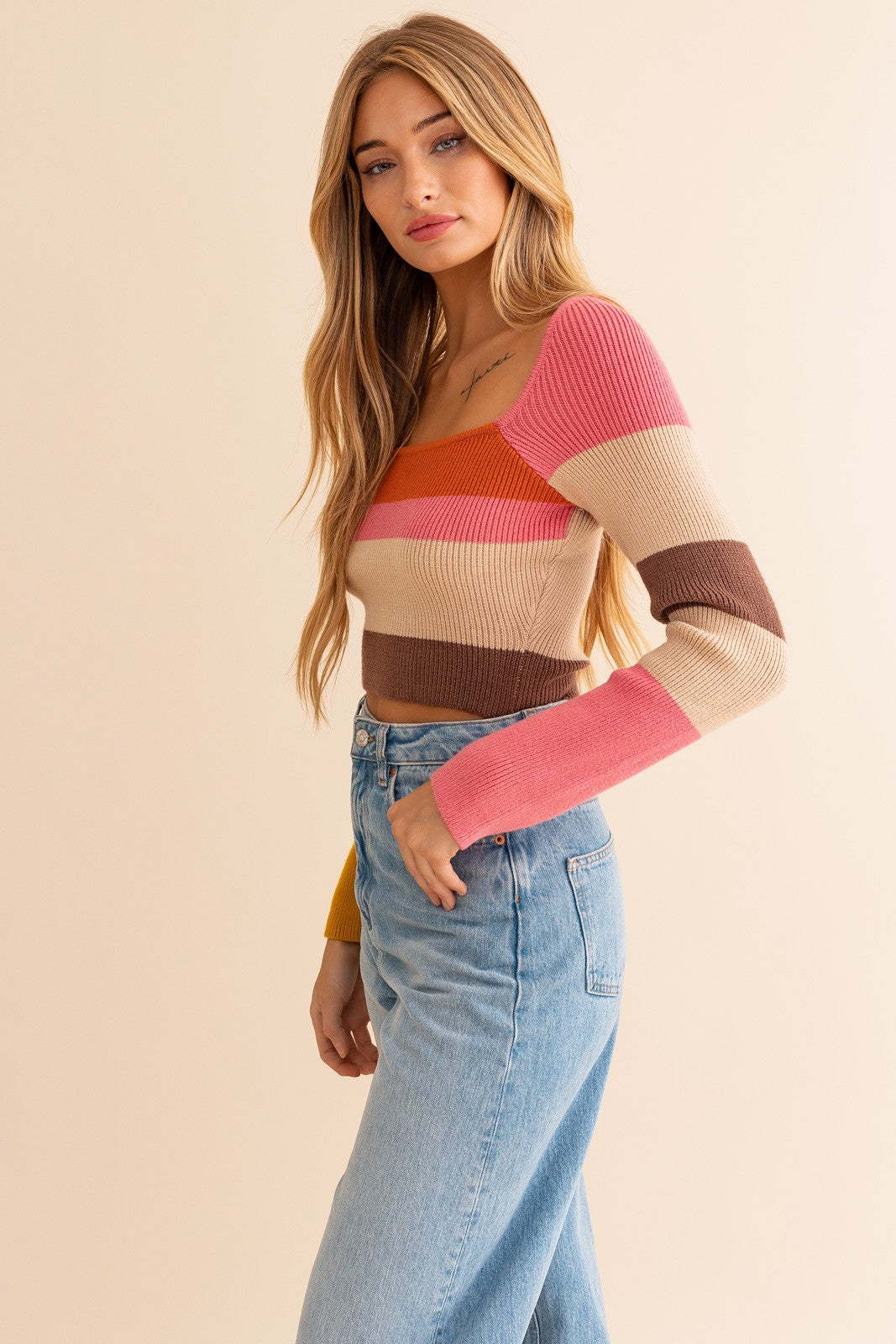 zSALE Arlo Long Sleeve Color Block Stripe Knit Crop Top - Rust Multi