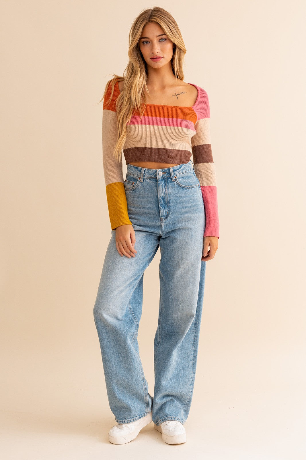 zSALE Arlo Long Sleeve Color Block Stripe Knit Crop Top - Rust Multi