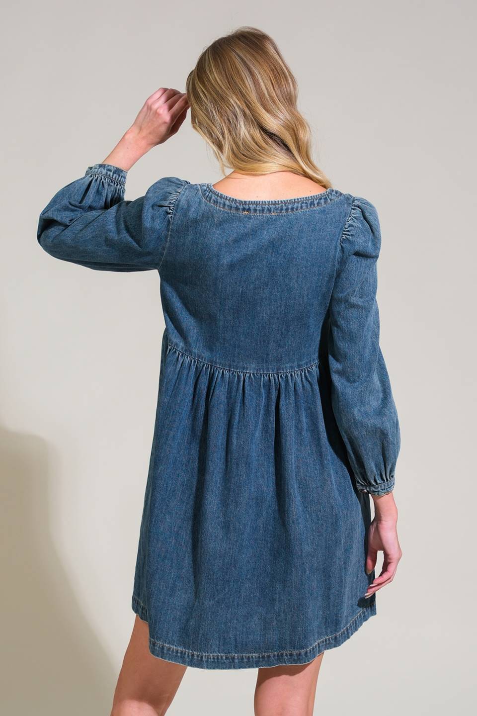 Asher Long Sleeve Denim Baby Doll Mini Dress - Denim