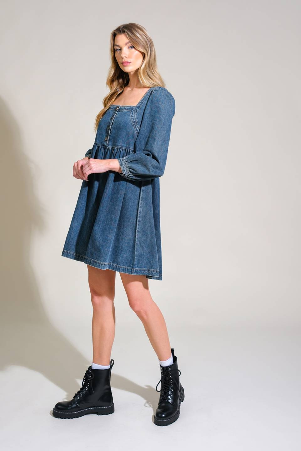 Asher Long Sleeve Denim Baby Doll Mini Dress - Denim