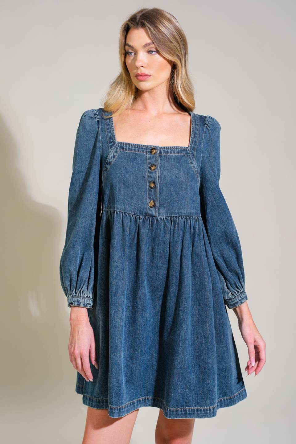 Asher Long Sleeve Denim Baby Doll Mini Dress - Denim
