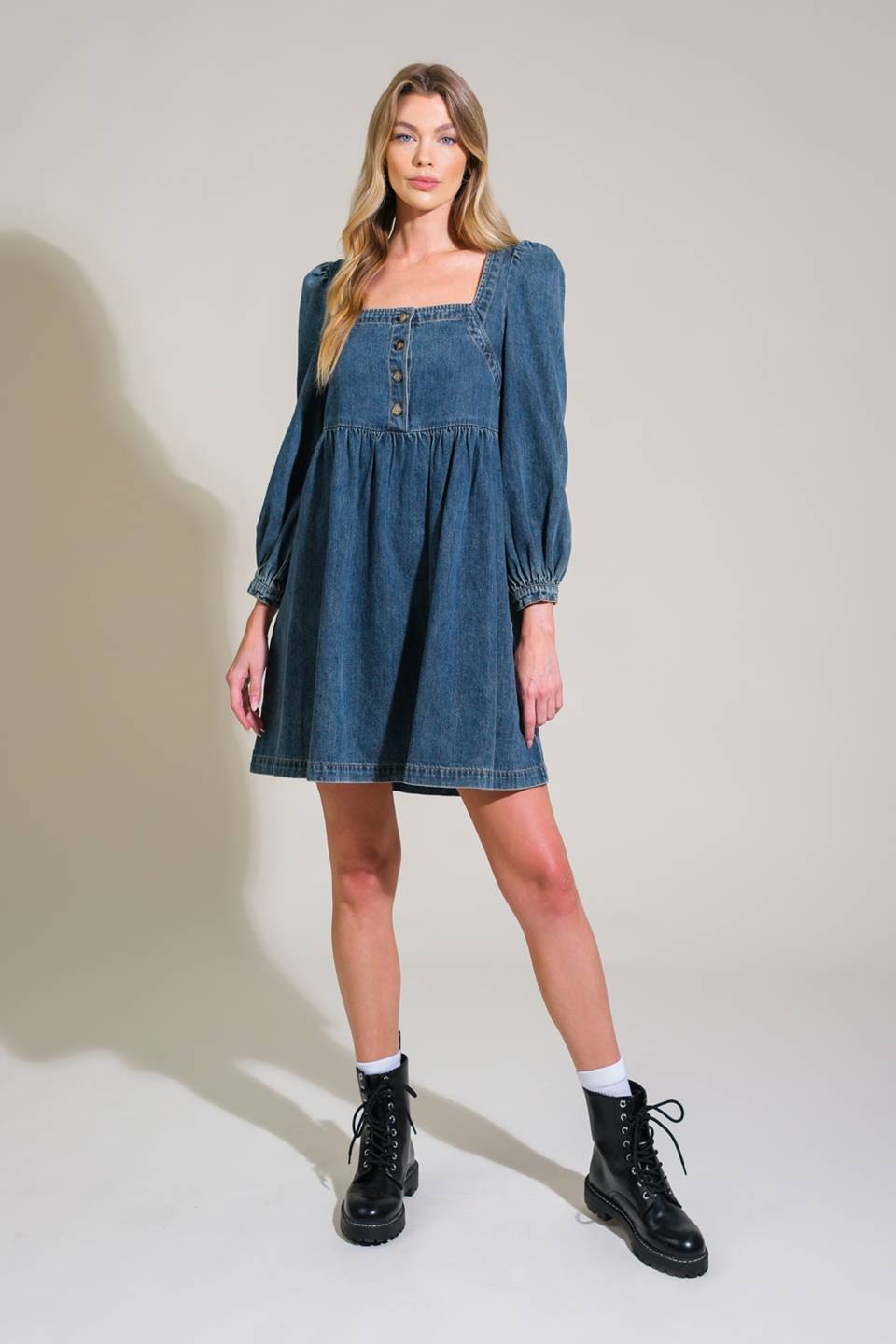 Asher Long Sleeve Denim Baby Doll Mini Dress - Denim