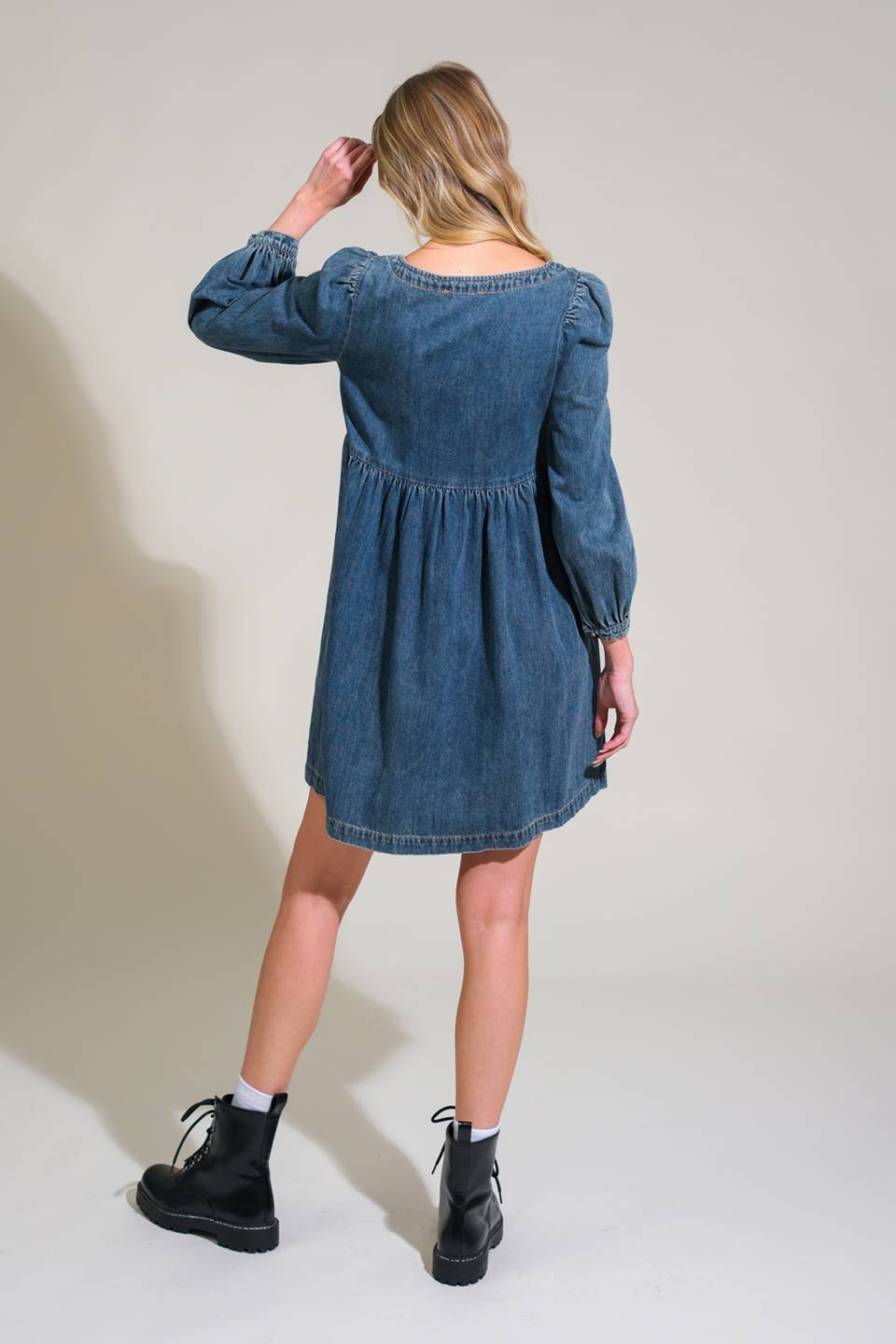 Asher Long Sleeve Denim Baby Doll Mini Dress - Denim