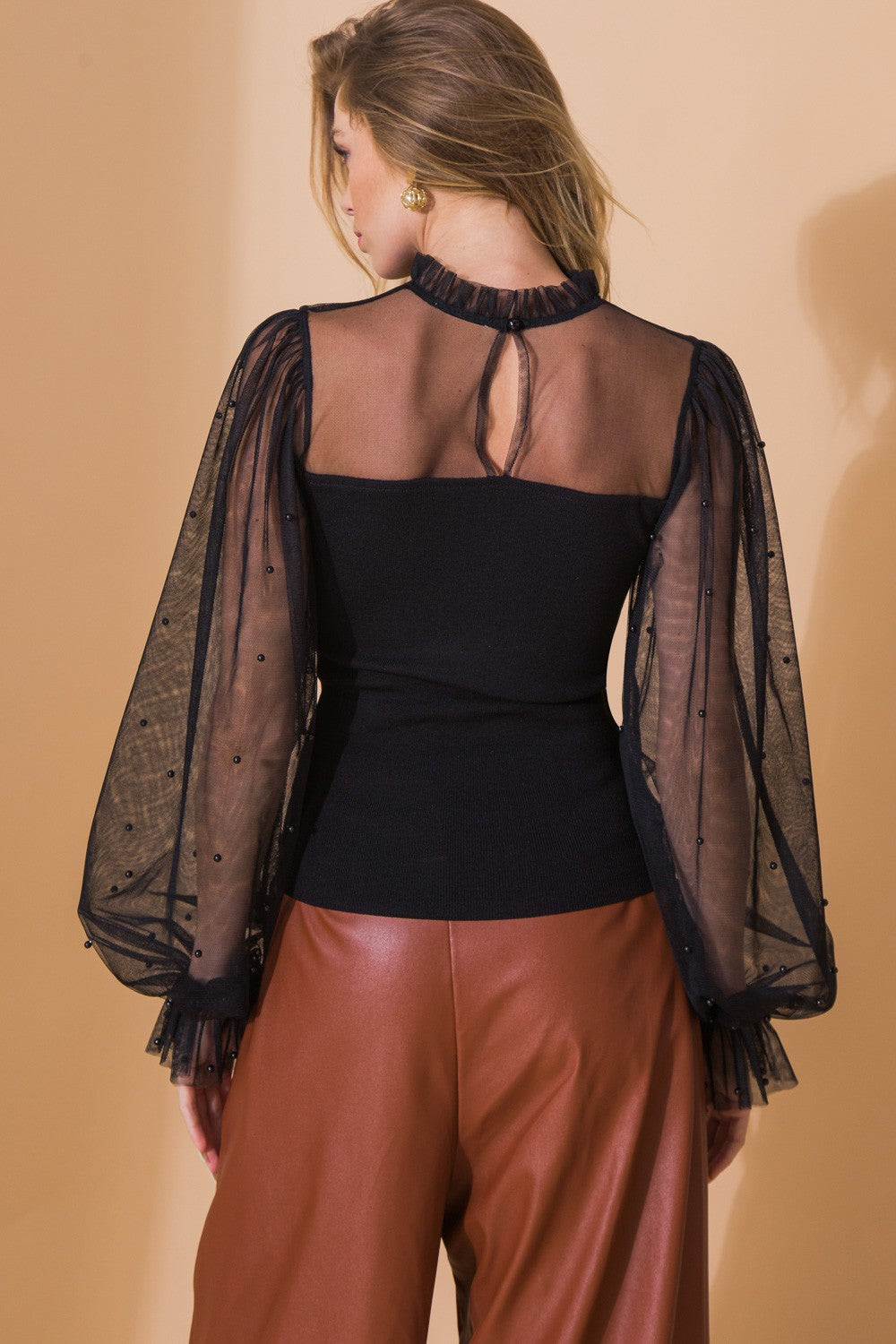 Aster Bandage Sweater Beaded Tulle Sleeve Statement Blouse - Black