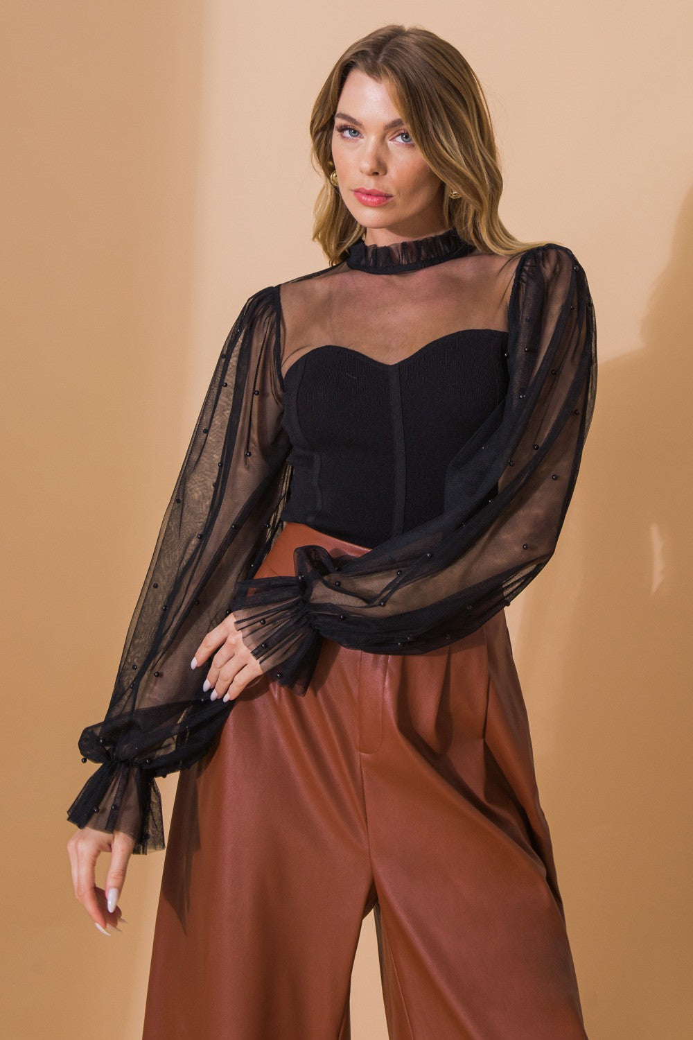 Aster Bandage Sweater Beaded Tulle Sleeve Statement Blouse - Black