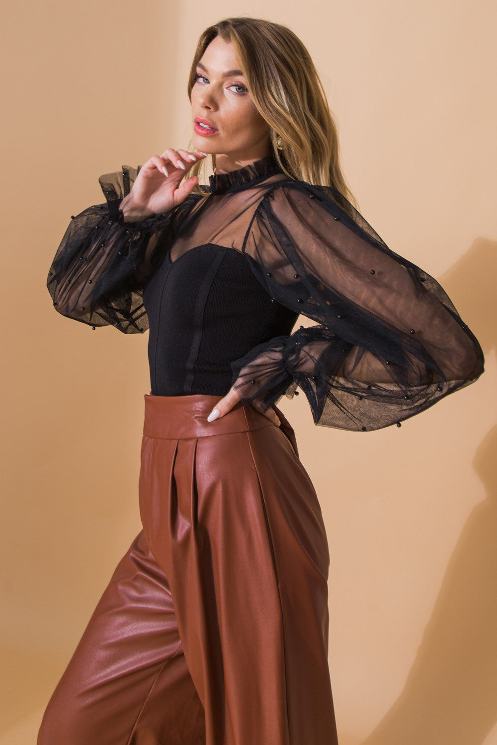 Aster Bandage Sweater Beaded Tulle Sleeve Statement Blouse - Black
