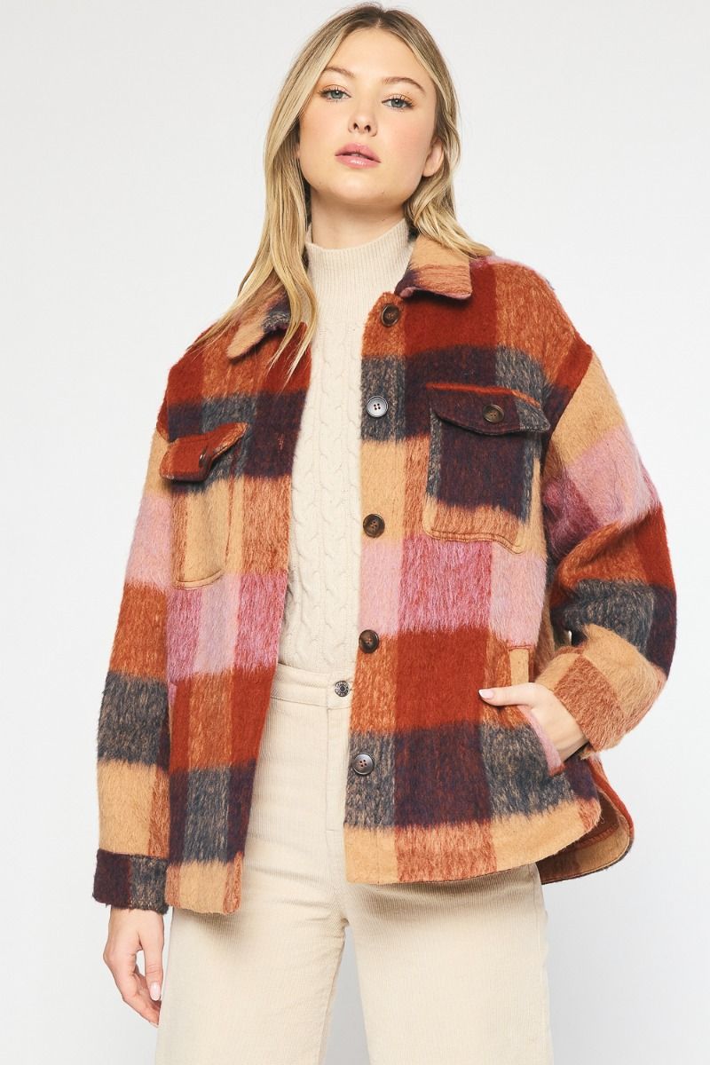 Autumn Oversized Felted Gingham Button Up Jacket - Brick Multi