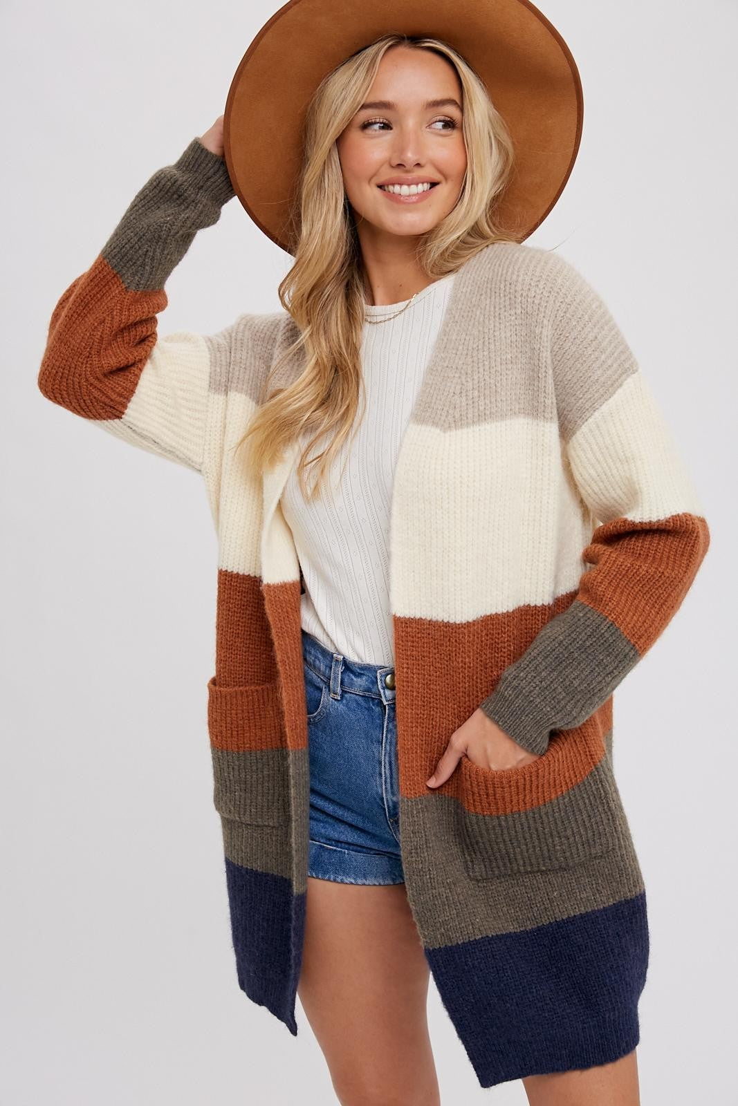 Autumn Stripe Colorblock Open Front Sweater Cardigan - Navy Multi