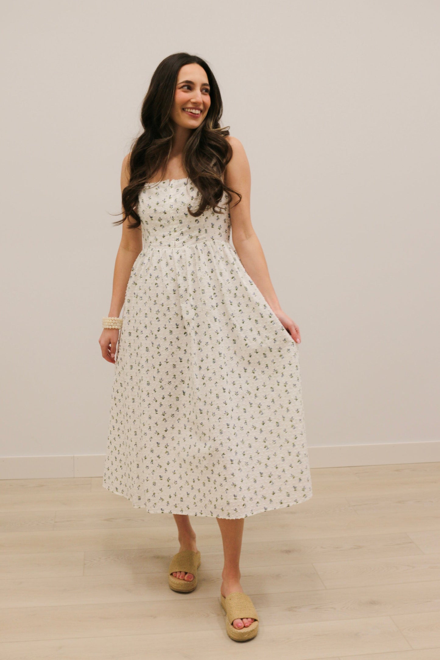 Avielle Ditzy Floral Clip Dot Corset Tie Sleeveless Midi Dress - White Blue Multi