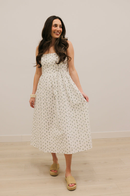 Avielle Ditzy Floral Clip Dot Corset Tie Sleeveless Midi Dress - White Blue Multi