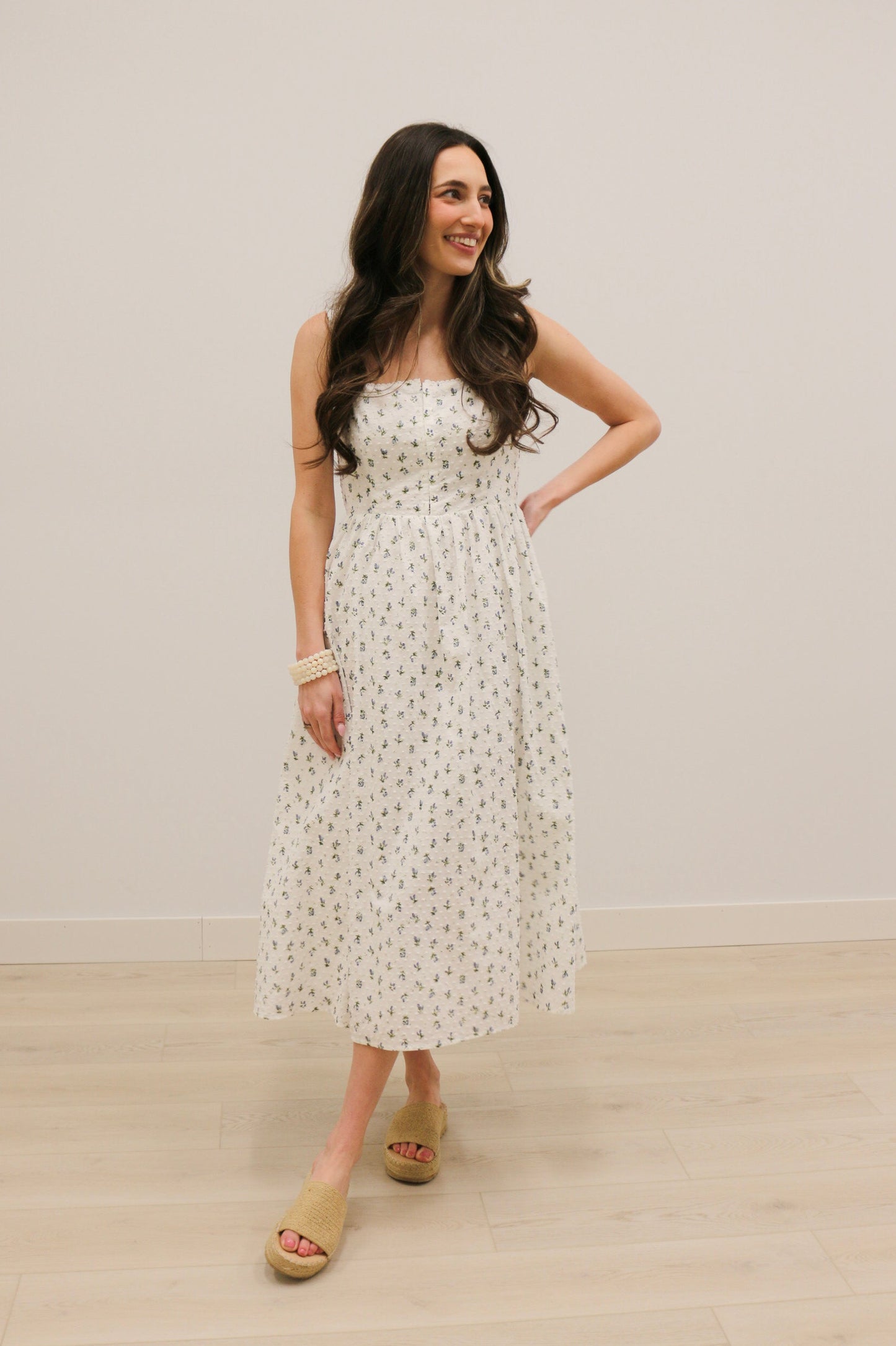 Avielle Ditzy Floral Clip Dot Corset Tie Sleeveless Midi Dress - White Blue Multi