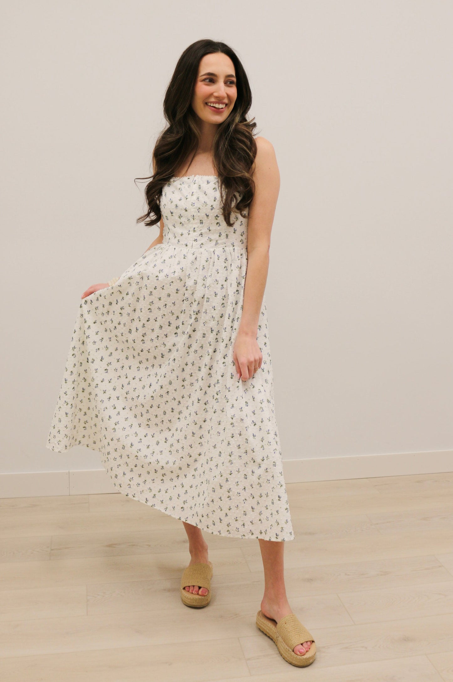 Avielle Ditzy Floral Clip Dot Corset Tie Sleeveless Midi Dress - White Blue Multi