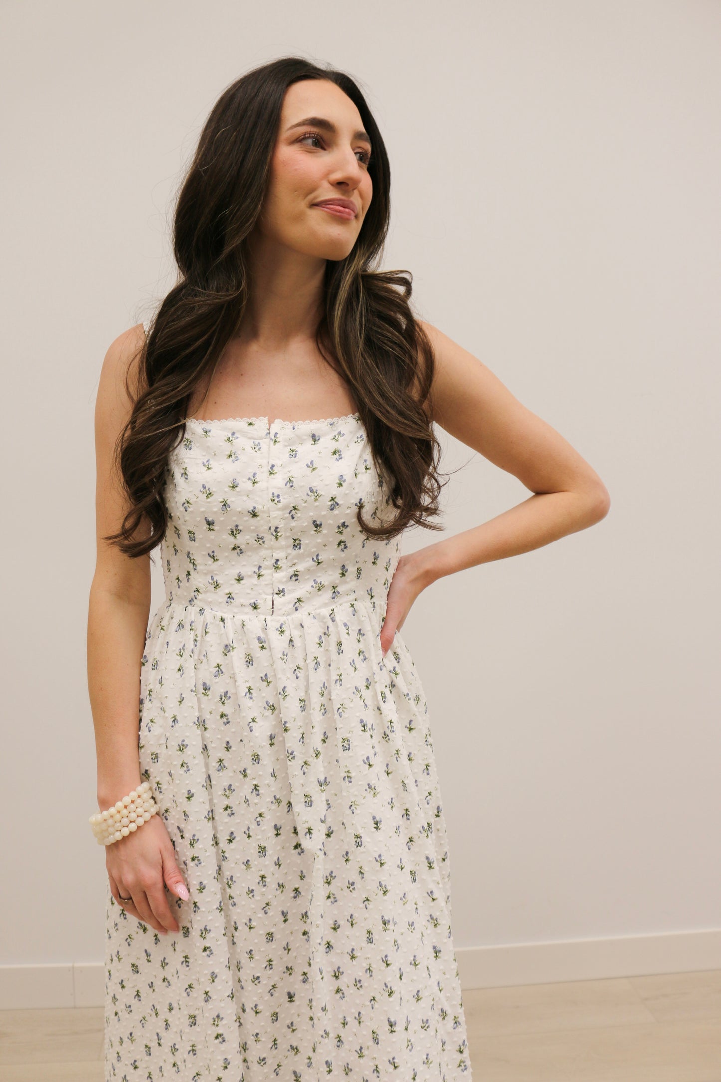 Avielle Ditzy Floral Clip Dot Corset Tie Sleeveless Midi Dress - White Blue Multi