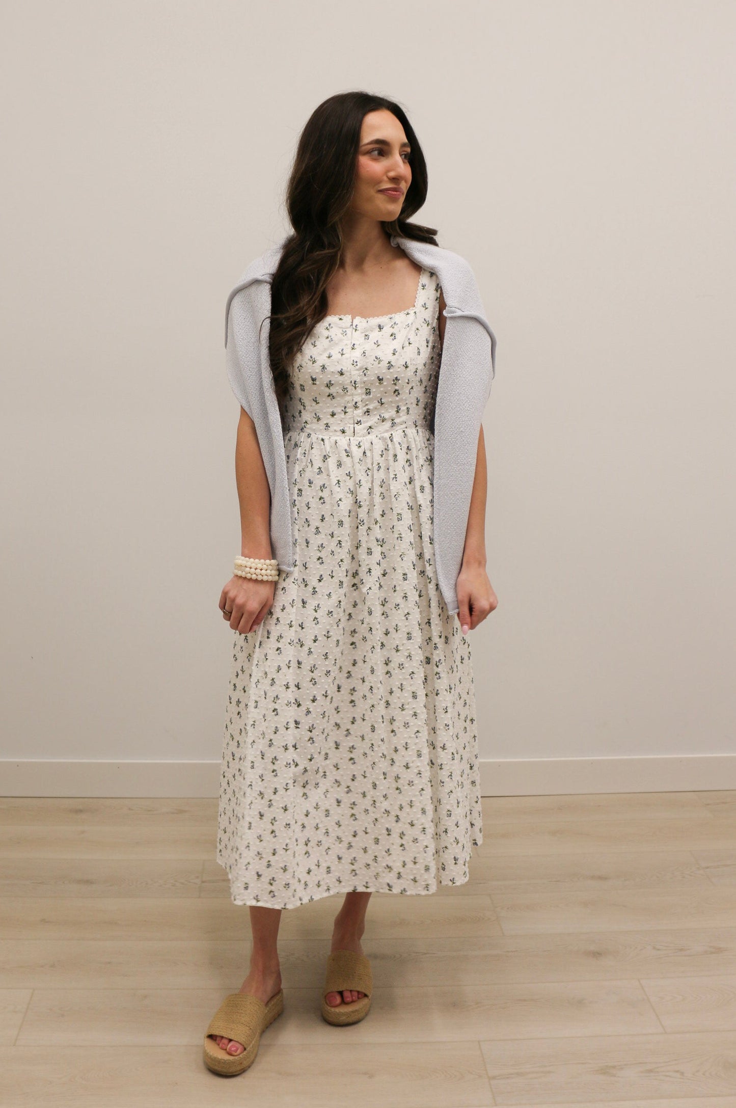 Avielle Ditzy Floral Clip Dot Corset Tie Sleeveless Midi Dress - White Blue Multi