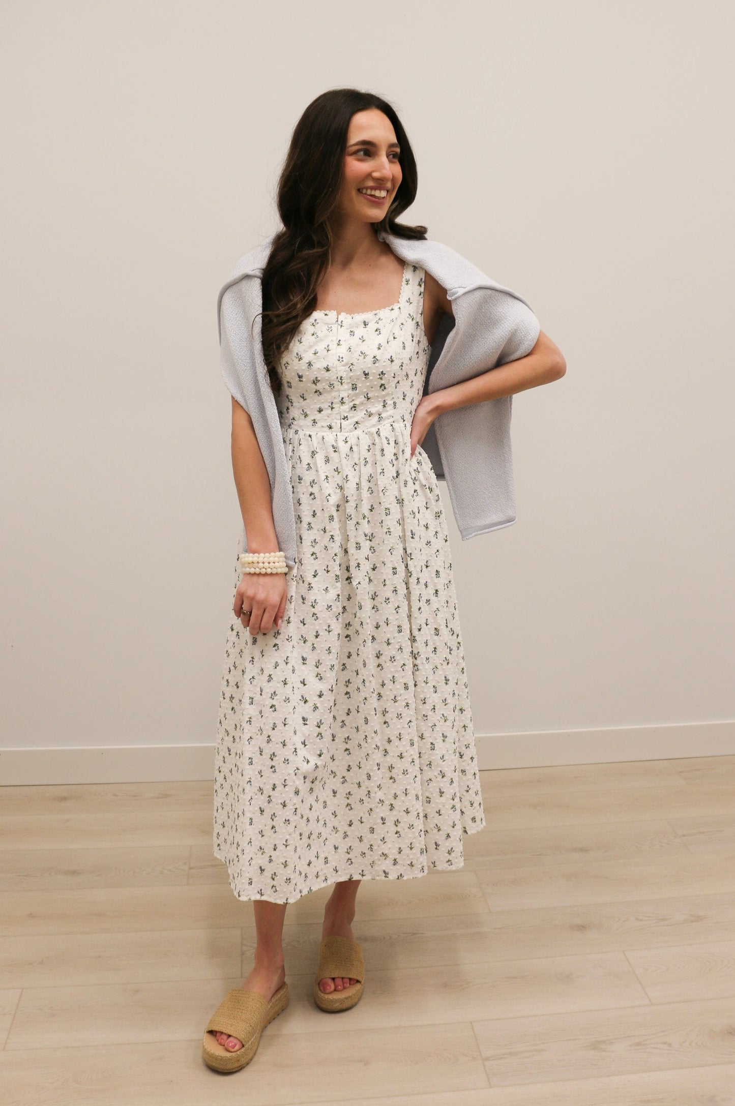 Avielle Ditzy Floral Clip Dot Corset Tie Sleeveless Midi Dress - White Blue Multi