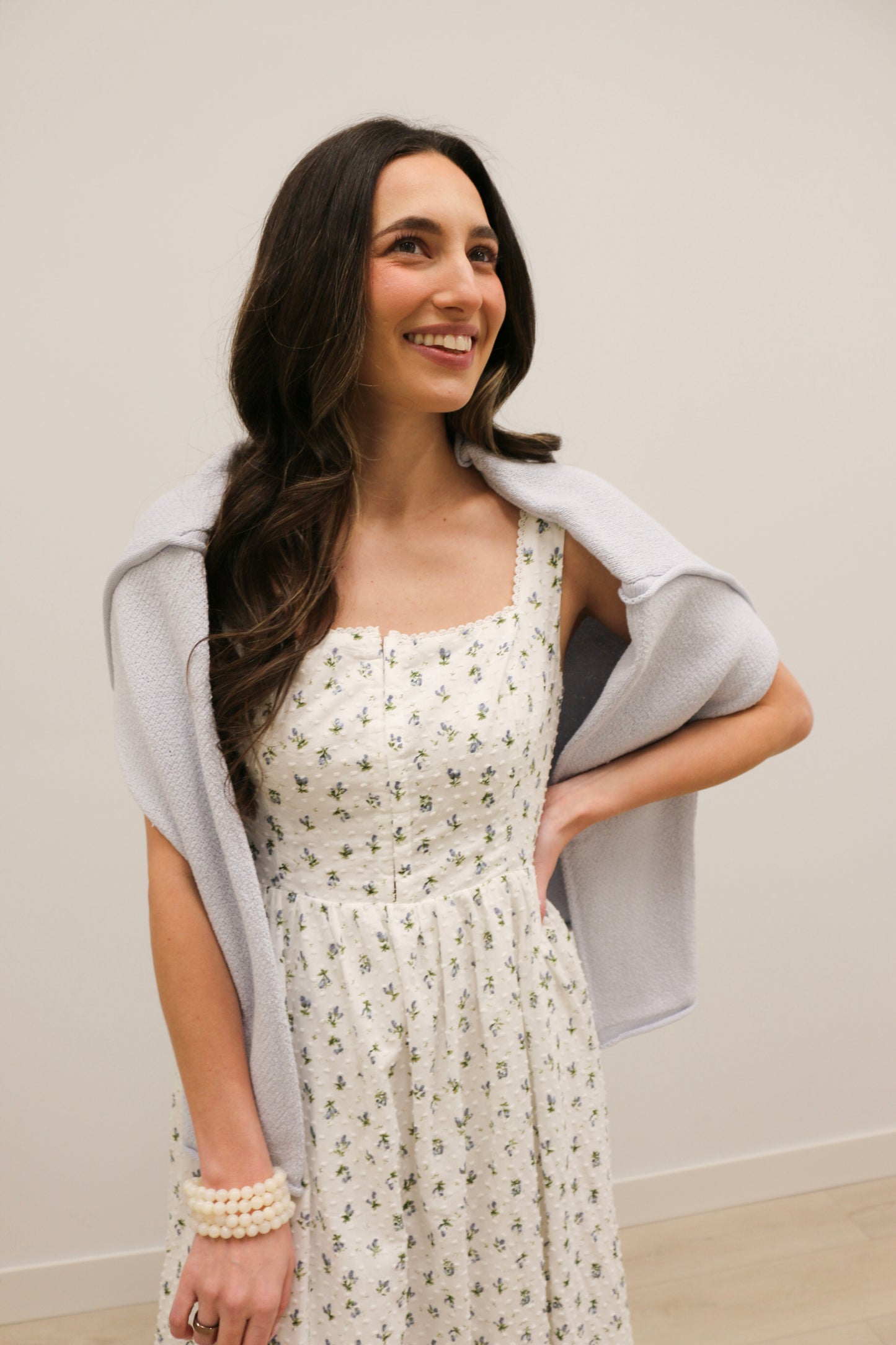 Avielle Ditzy Floral Clip Dot Corset Tie Sleeveless Midi Dress - White Blue Multi