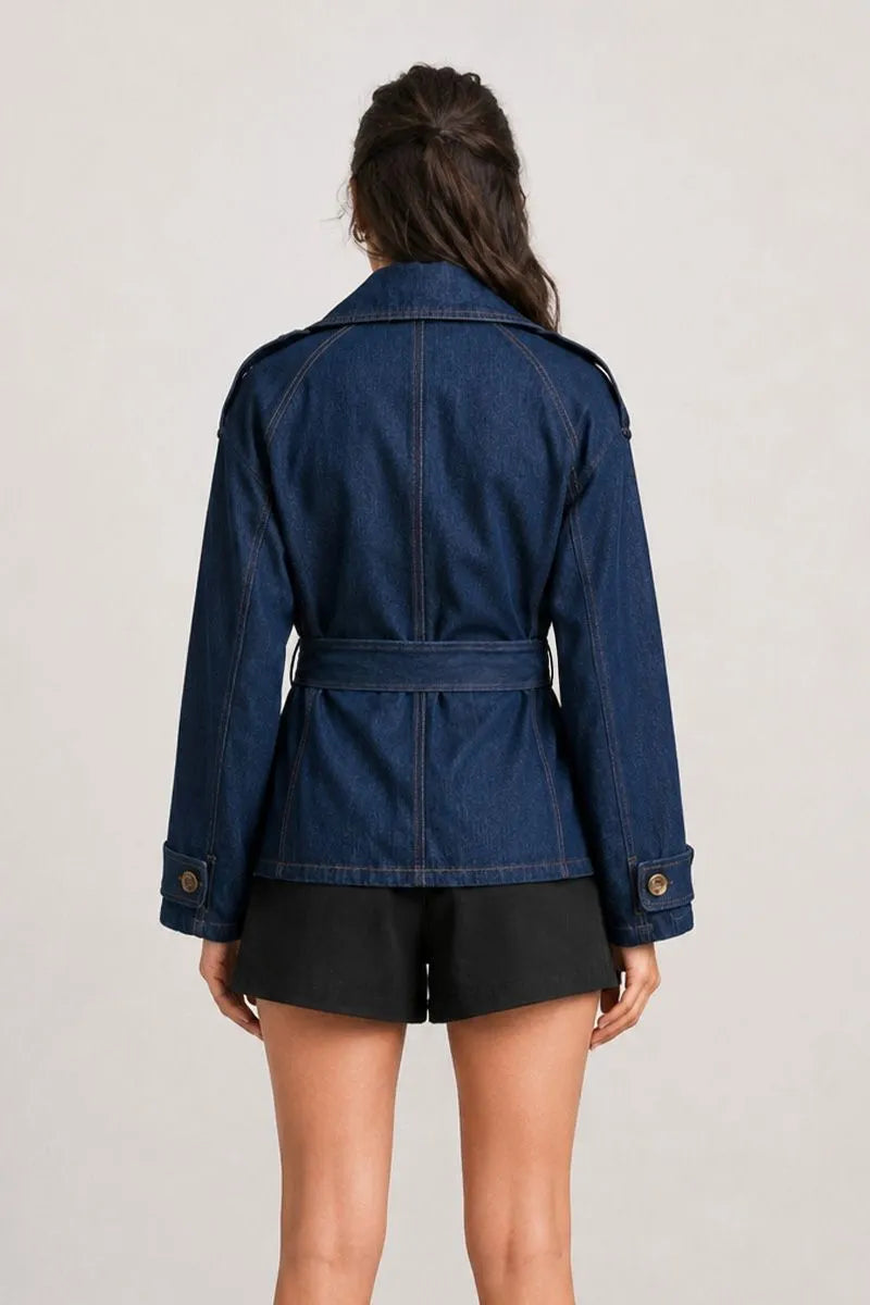 Miranda Denim Cropped Belted Trench Coat - Dark Wash