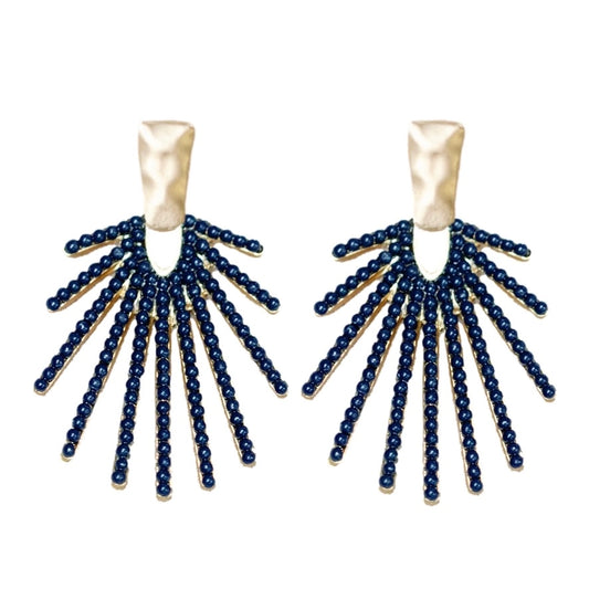 Hammered Gold Sunburst Drop Earrings - Navy Blue