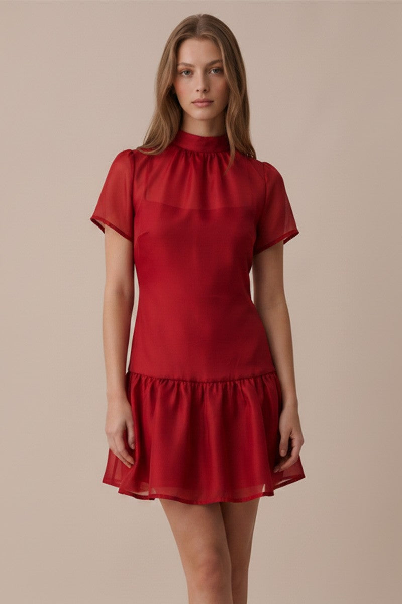 Odette Soft Organza Sheer Slip Short Sleeve Mini Dress - Red